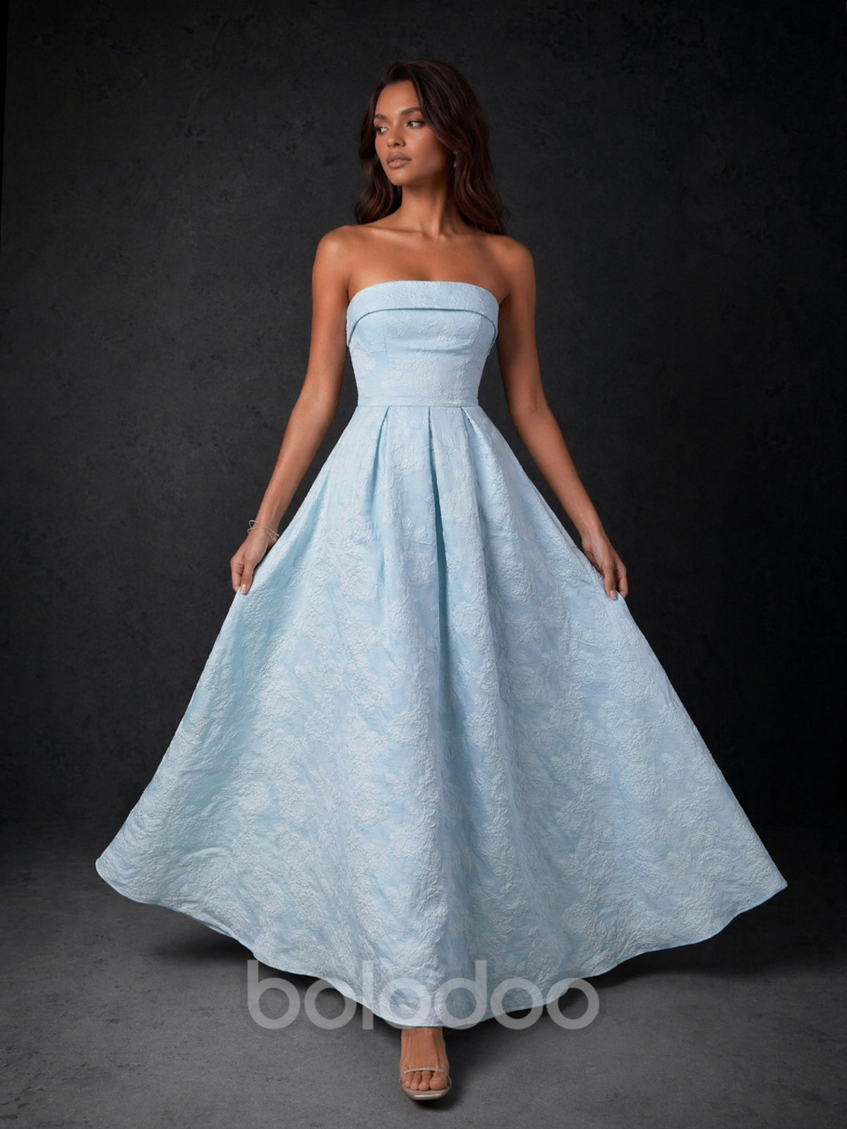 BOLODOO Sky Blue Floral Jacquard Strapless A-Line Ball Gown Maxi Dress - Front Full Length Static View | BOLODOO watermark