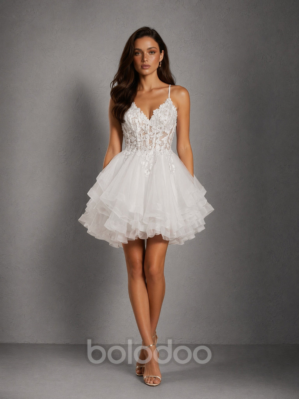 BOLODOO Ivory 3D Floral Lace Corset Deep V Spaghetti Strap Tiered Tulle Mini Dress - Front Full Length Static View | BOLODOO watermark