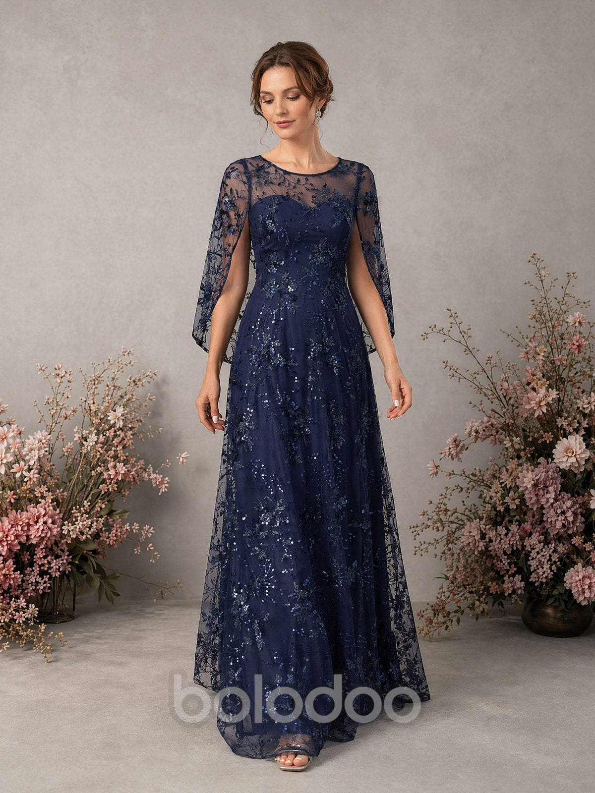 BOLODOO Navy Blue Sequin Lace Cape Sleeve Formal Gown - Back View | BOLODOO watermark