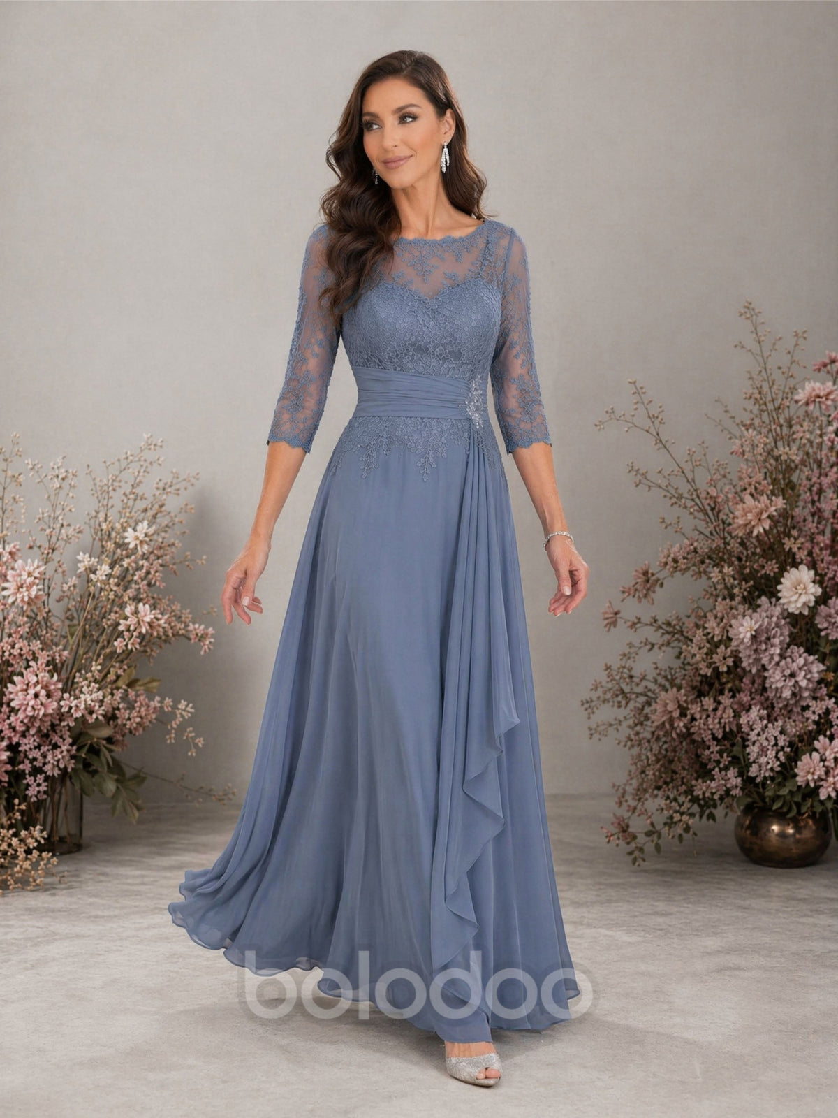 BOLODOO Dusty Blue Chiffon Lace Formal Gown - Front Full Length View | BOLODOO watermark
