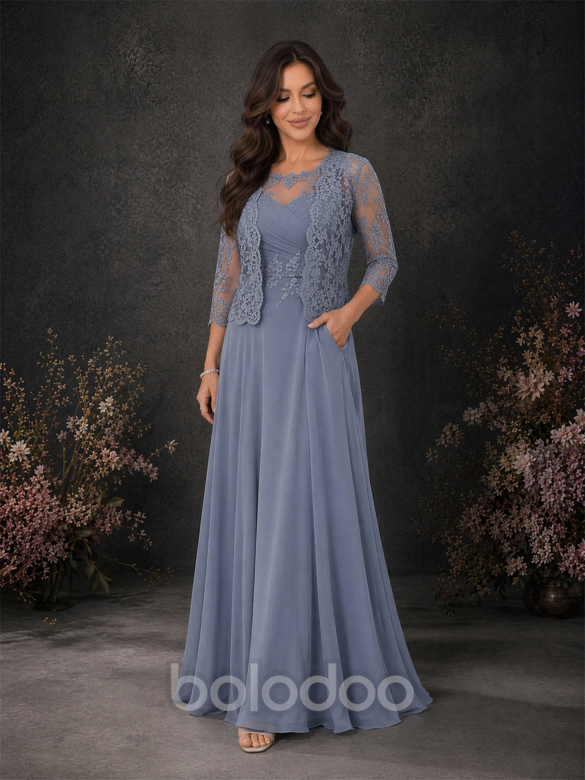 BOLODOO Steel Blue Chiffon Lace Jacket 2-Piece Formal Gown - Front View with Pockets | BOLODOO watermark