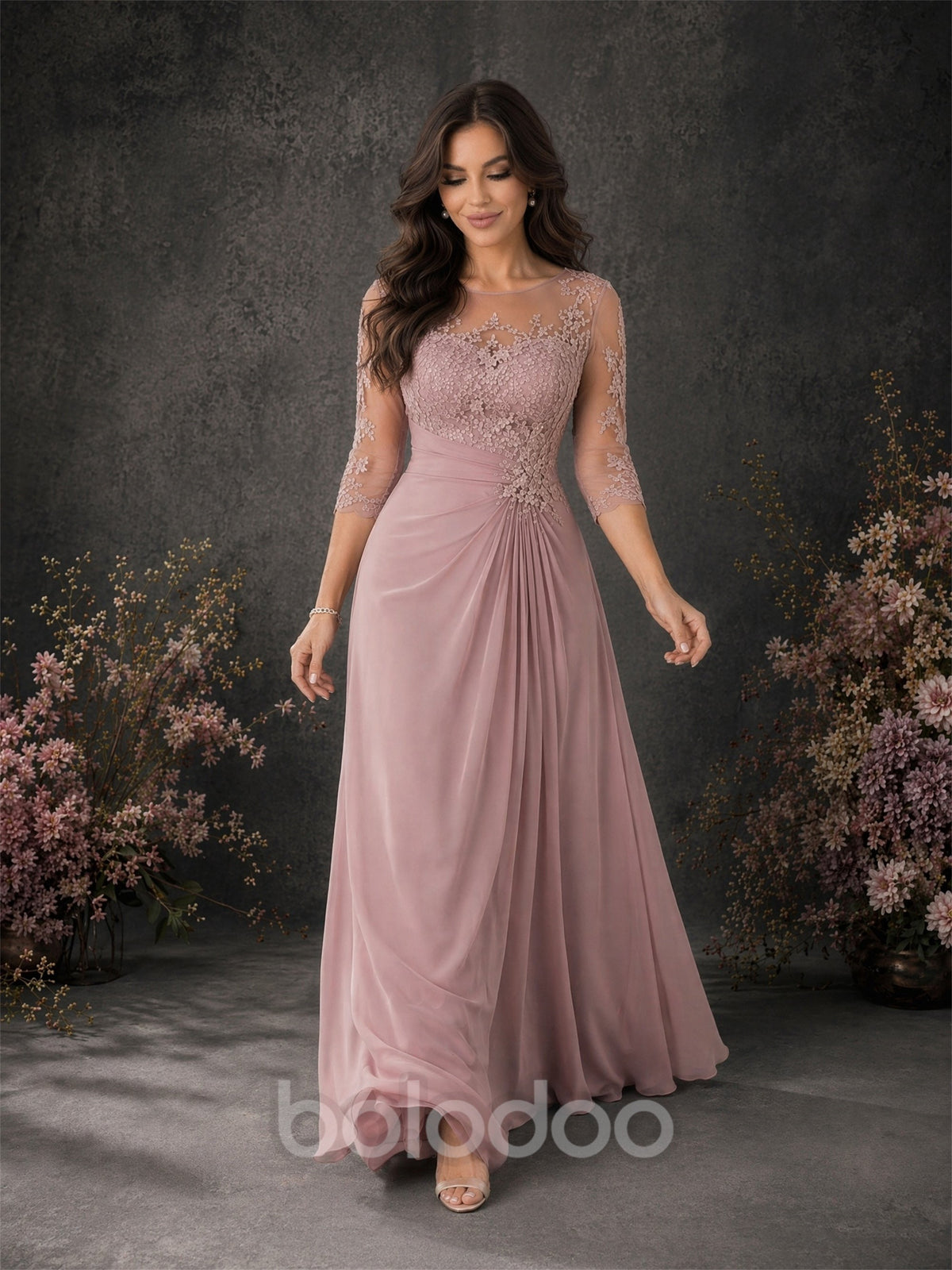 BOLODOO Dusty Rose Chiffon Lace Illusion Neckline Formal Gown - Front Walking View | BOLODOO watermark