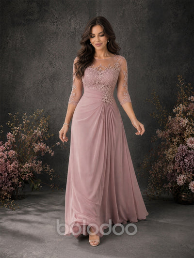 BOLODOO Dusty Rose Chiffon Lace Illusion Neckline Formal Gown - Front Walking View | BOLODOO watermark
