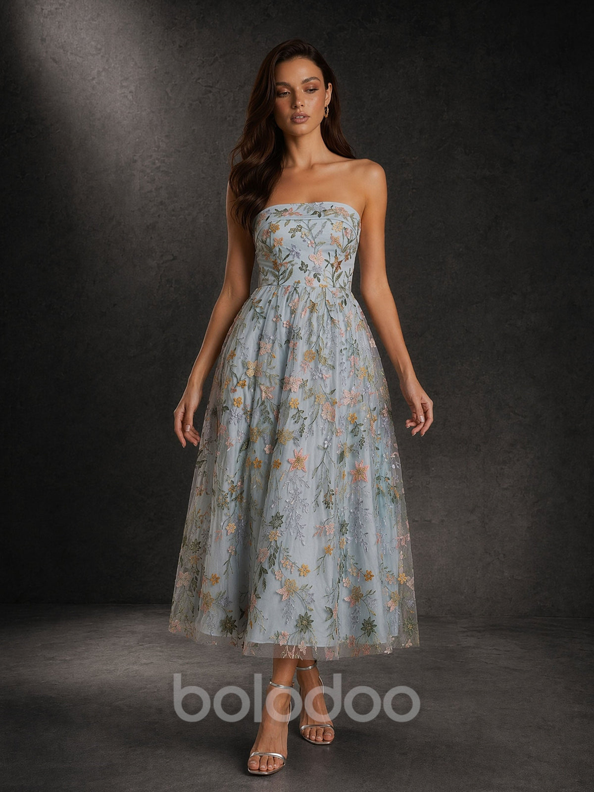 BOLODOO Dusty Blue Floral Embroidered Sequin Tulle Strapless Tea Length Dress - Front Full Length Looking Down View | BOLODOO watermark