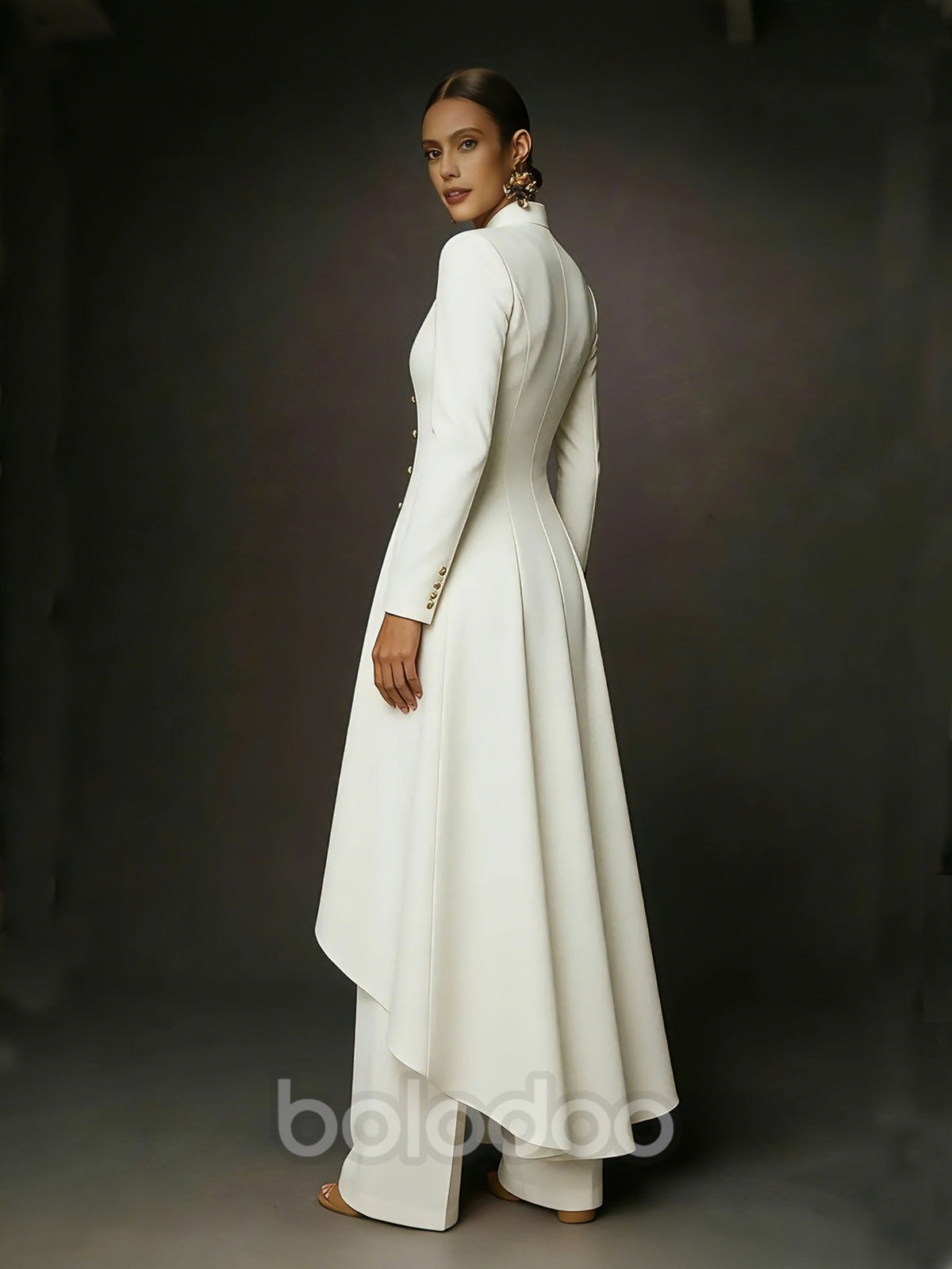 BOLODOO White Mandarin Collar Gold Button Asymmetric Hi-Lo Coat Wide-Leg Pants Suit - Back Full Length View Showing Floor-Length Train | BOLODOO watermark