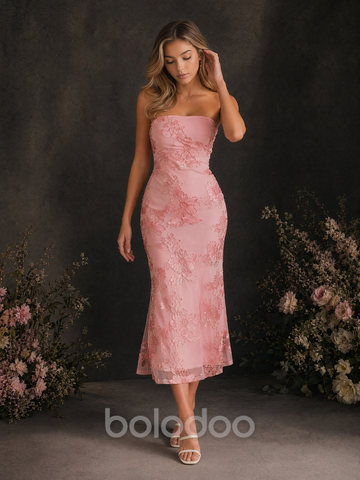 BOLODOO Rose Pink Floral Embroidered Mesh Strapless Open Back Bodycon Midi Dress - Back View Showing Open Back Detail | BOLODOO watermark