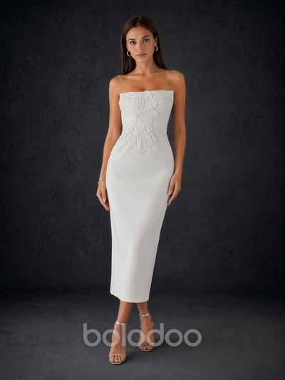 BOLODOO Ivory Strapless 3D Sculptural Petal Feather Embroidered Bodycon Midi Dress - Back Full Length View Showing Hidden Zipper | BOLODOO watermark