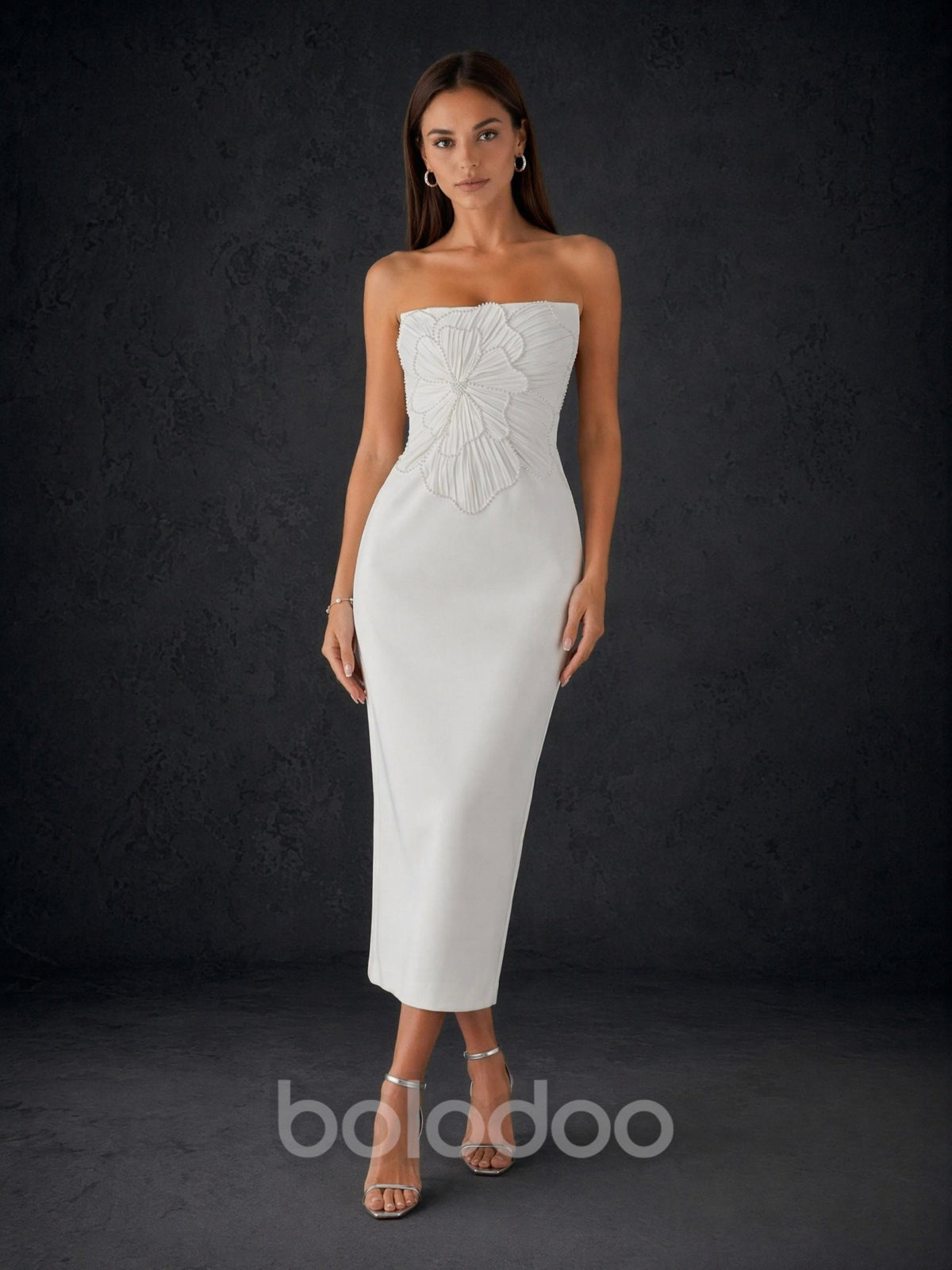 BOLODOO Ivory Strapless 3D Sculptural Petal Feather Embroidered Bodycon Midi Dress - Back Full Length View Showing Hidden Zipper | BOLODOO watermark