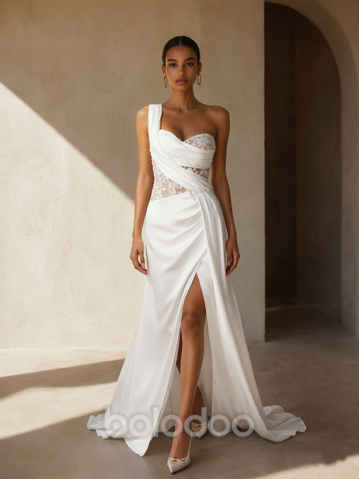 BOLODOO Ivory One-Shoulder Satin Sheer Lace Corset Waist Open Back High Slit Mermaid Wedding Dress - Back View Showing Full Open Back Sheer Lace Corset and Sweep Train | BOLODOO watermark