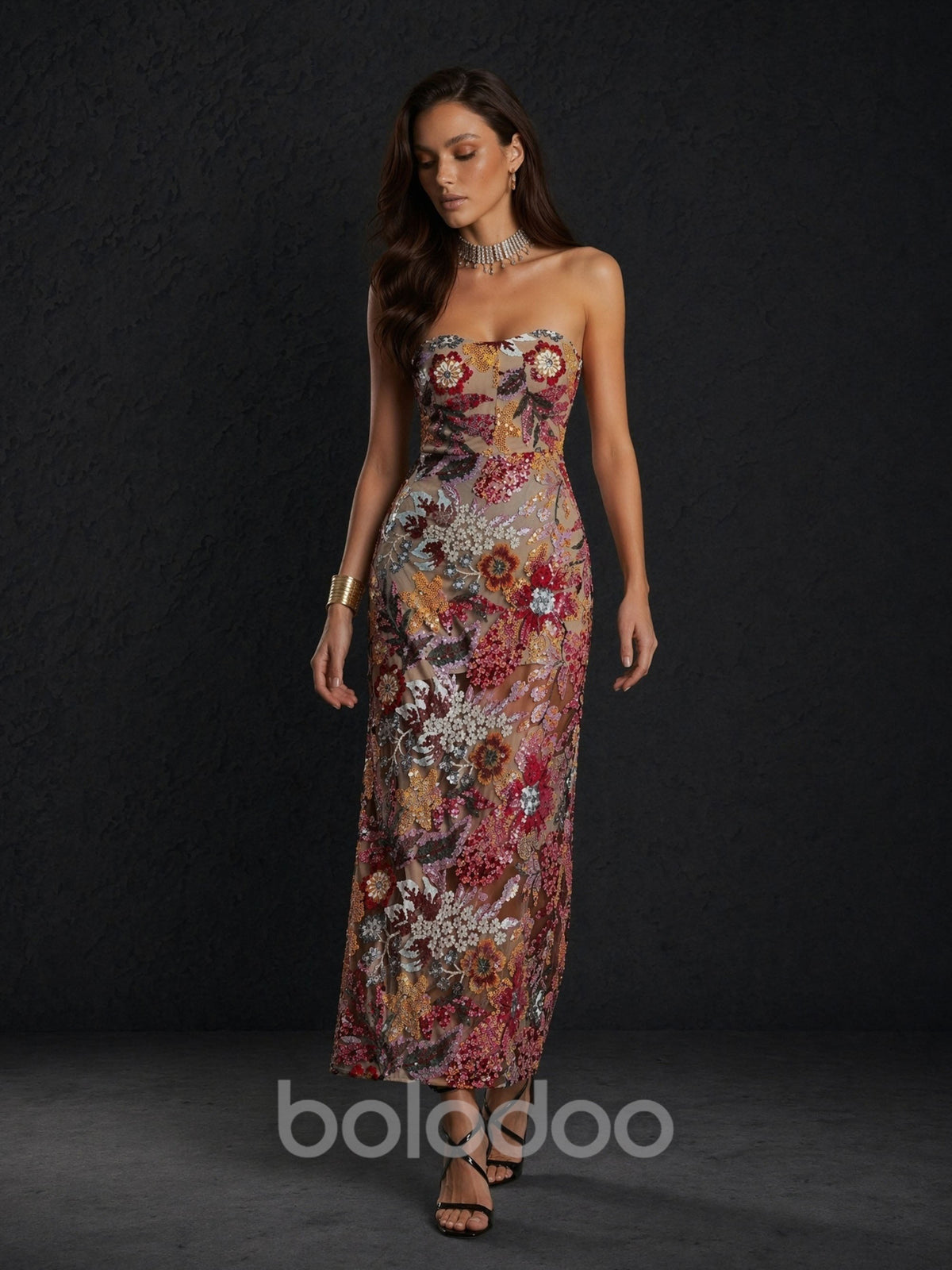 BOLODOO Multicolor Floral Sequin Beaded Embroidered Mesh Sweetheart Open Back Bodycon Midi Dress - Front Full Length Looking Down View Showing Embroidery Detail | BOLODOO watermark