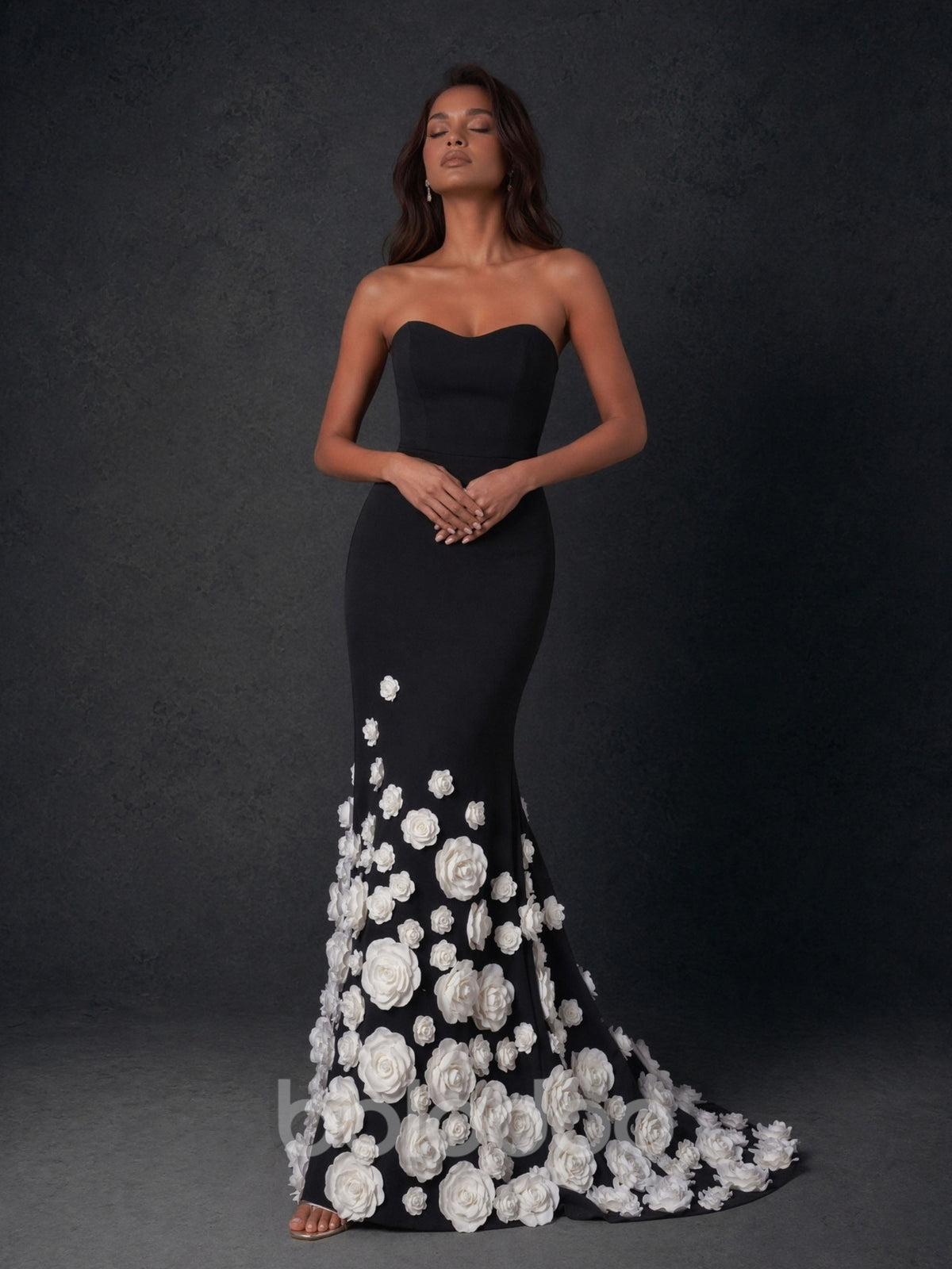 BOLODOO Black Sweetheart Strapless Crepe Mermaid Gown with White 3D Rose Floral Appliqué Skirt Open Back - Front Upper Body and Skirt View Showing 3D Rose Floral Appliqué Detail | BOLODOO watermark