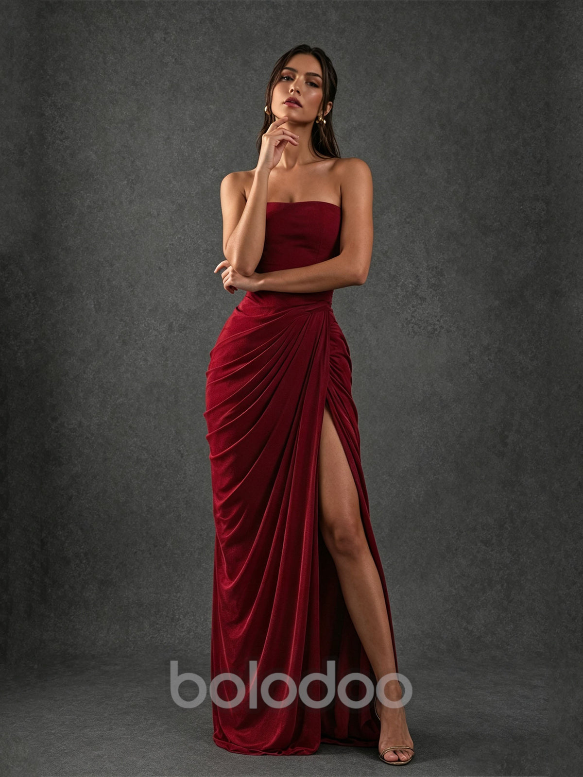 BOLODOO Strapless Draped Maxi Dress – Deep Red Backless Evening Gown with High Slit | BOLODOO watermark