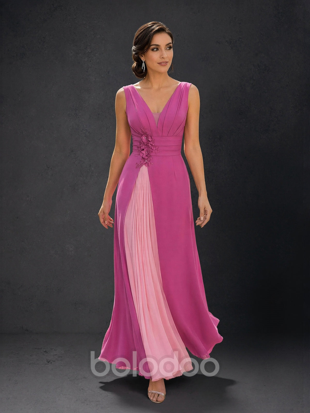 BOLODOO Magenta Pink Two-Tone Chiffon V-Neck 3D Floral A-Line Maxi Dress – Front View with Movement | BOLODOO watermark