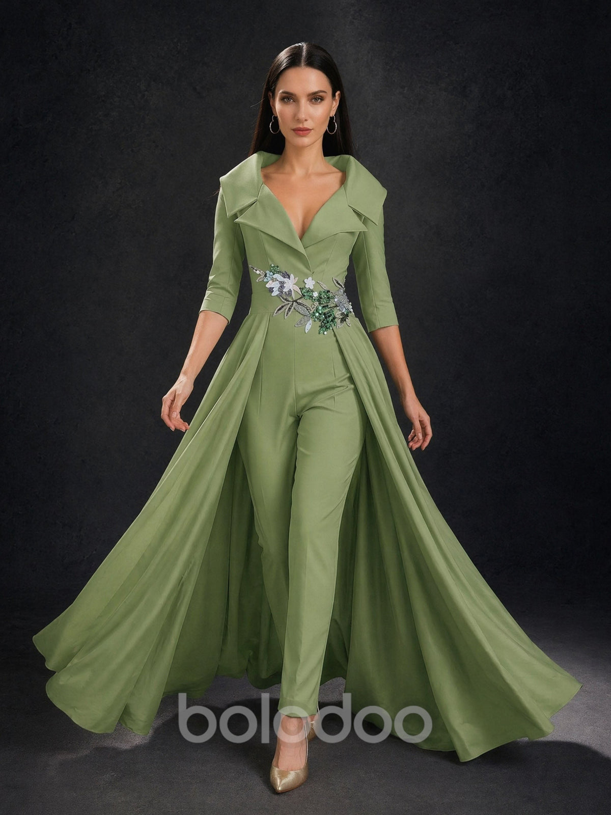 BOLODOO Olive Green Satin Jumpsuit with Detachable Overskirt Train – Front View with Flowing Train | BOLODOO watermark