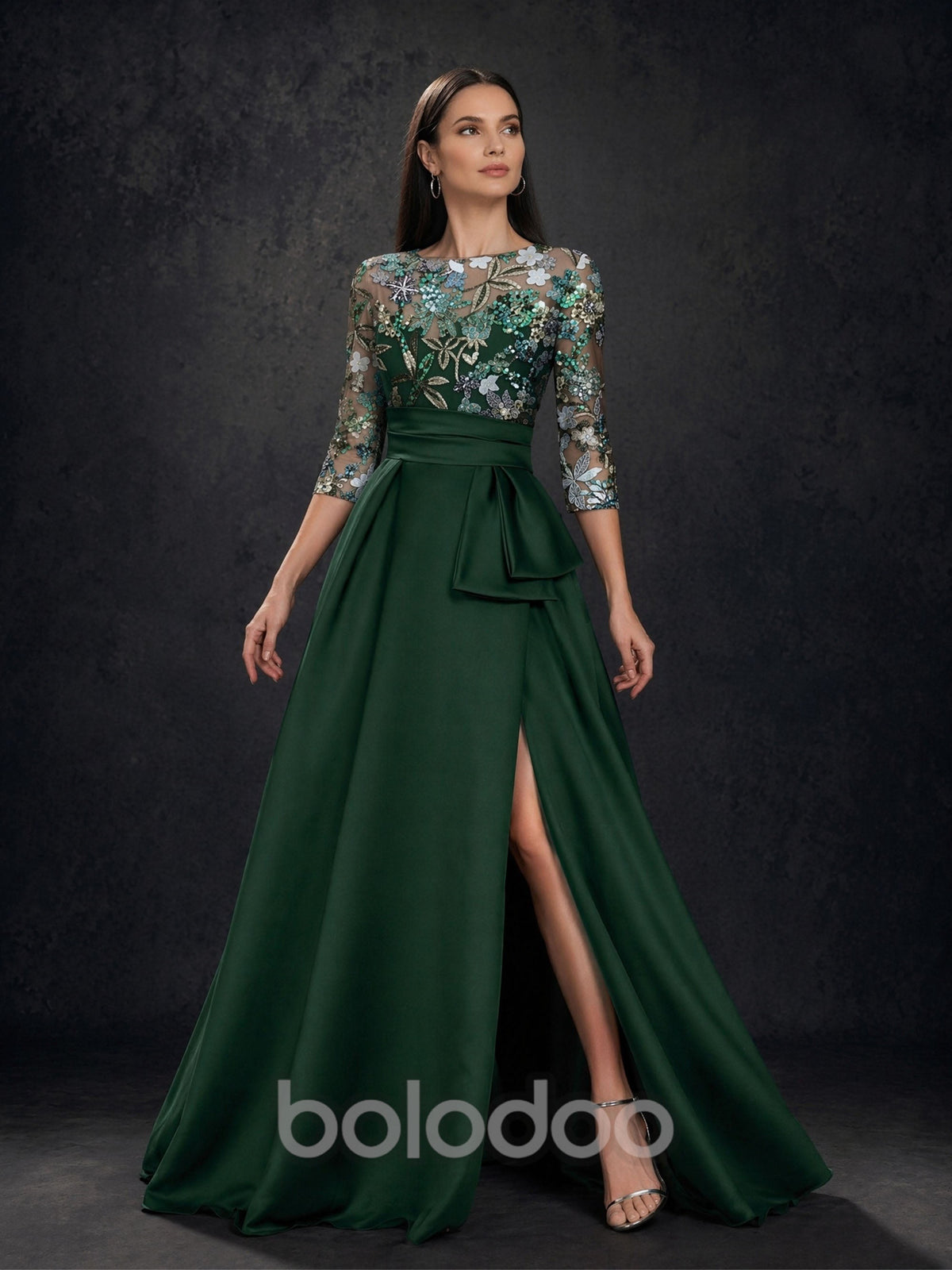 BOLODOO Emerald Green Sequin Illusion Bodice Satin A-Line Gown – Front View Showing Slit Detail | BOLODOO watermark