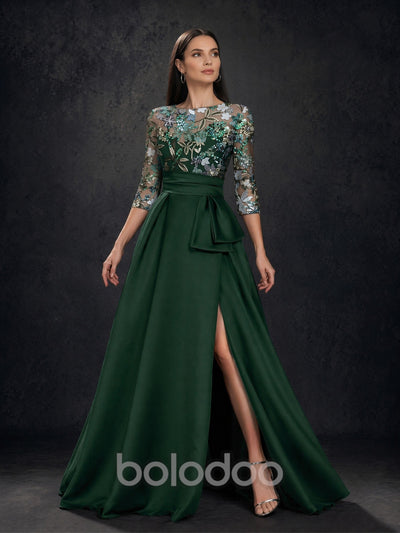 BOLODOO Emerald Green Sequin Illusion Bodice Satin A-Line Gown – Front View Showing Slit Detail | BOLODOO watermark
