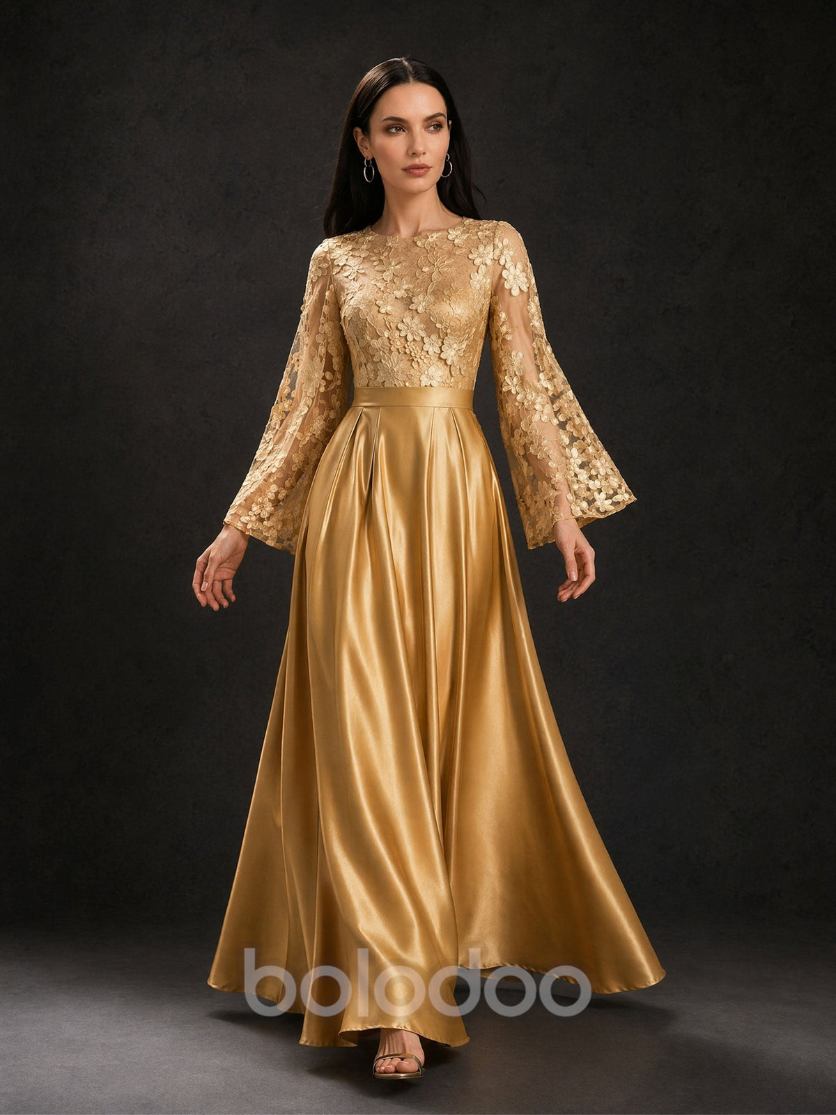 BOLODOO Gold Long Lantern Sleeve Floral Lace Illusion Bodice Satin A-Line Gown – Front View Full Length | BOLODOO watermark