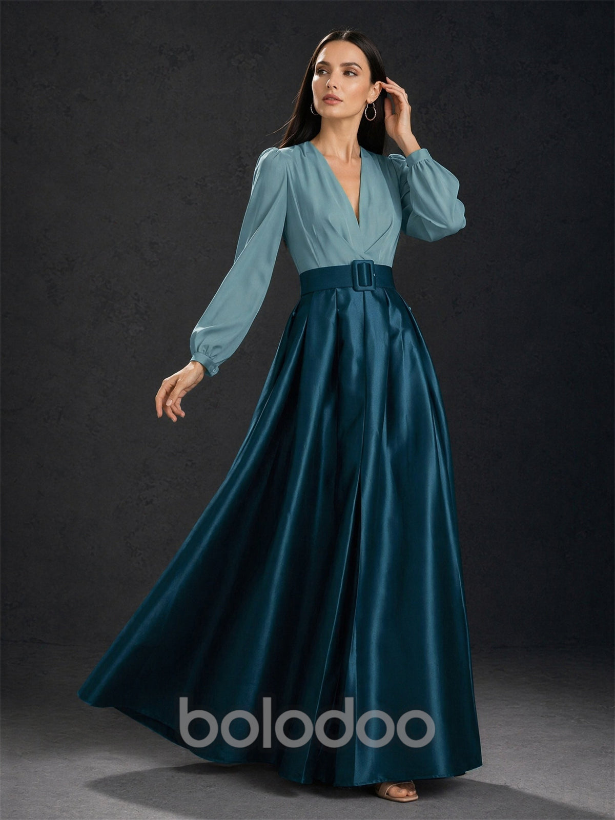 BOLODOO Two-Tone Dusty Blue Teal V-Neck Lantern Sleeve Satin A-Line Gown – Front View Full Length | BOLODOO watermark