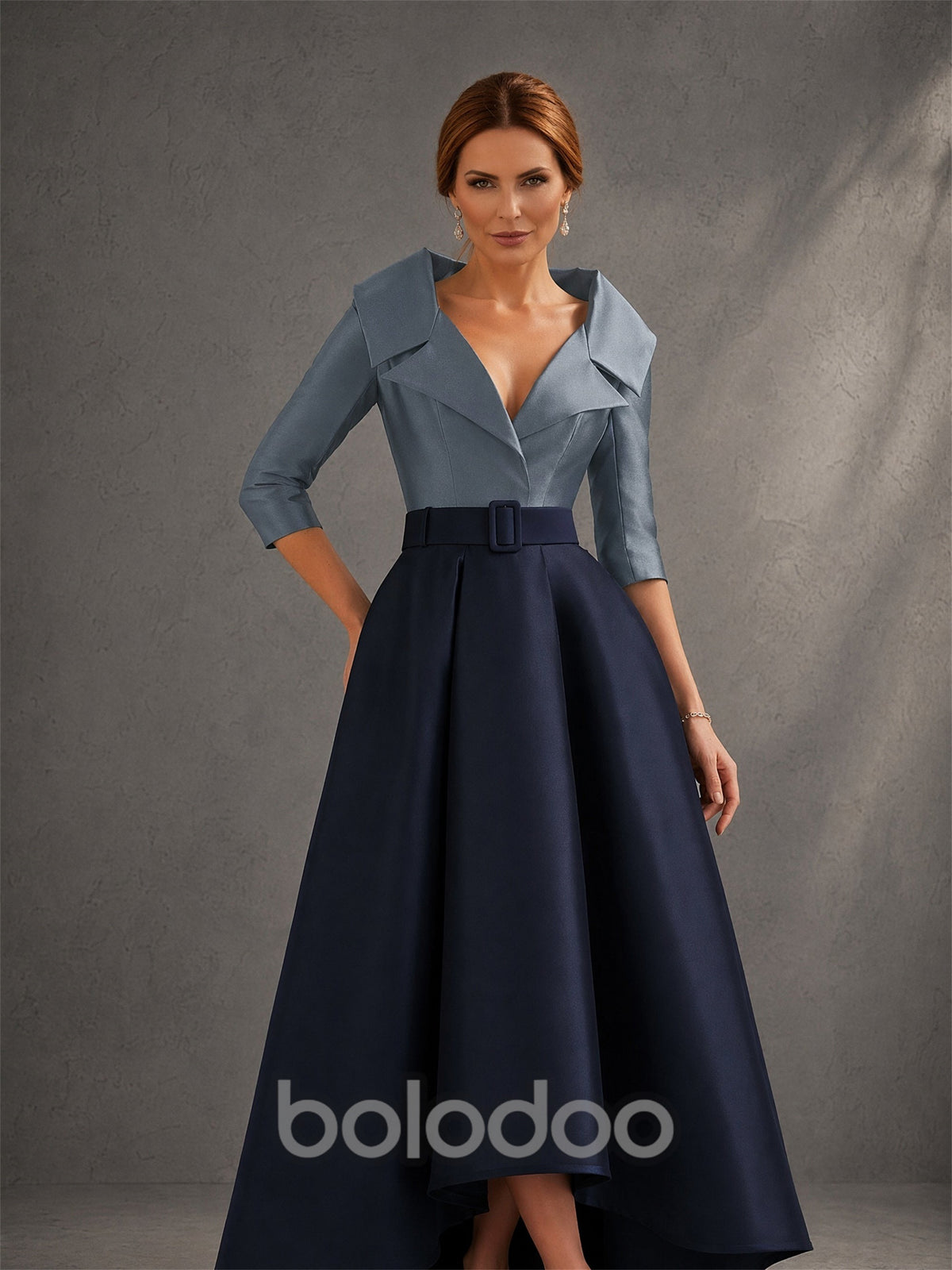 BOLODOO Two-Tone Steel Blue Navy Lapel Collar Satin Hi-Low A-Line Gown – Front View Upper Body & Belt Detail | BOLODOO watermark