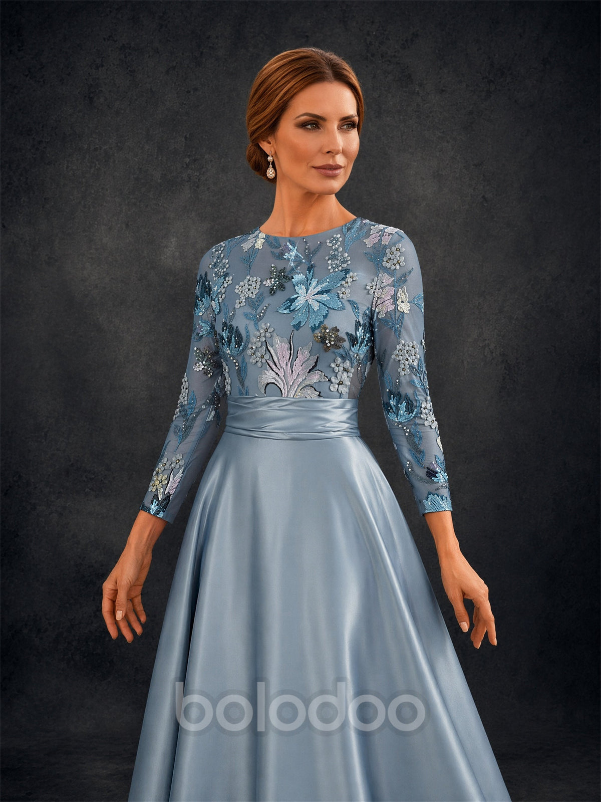 BOLODOO Steel Blue Sequin Illusion Bodice Satin A-Line Gown – Upper Body Sequin Embroidery Close-Up | BOLODOO watermark
