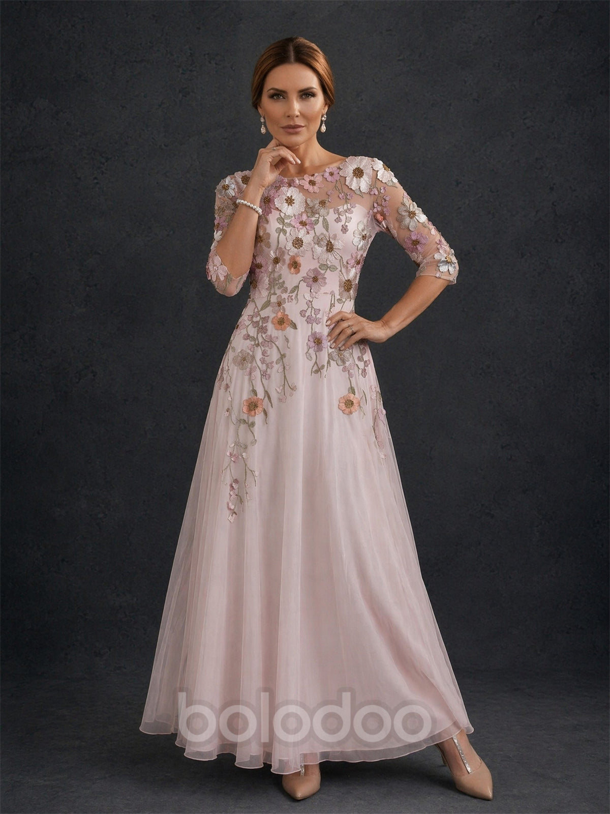 BOLODOO Blush Pink 3D Floral Vine Embroidered Illusion Tulle A-Line Gown – Front View with Clutch Styling | BOLODOO watermark