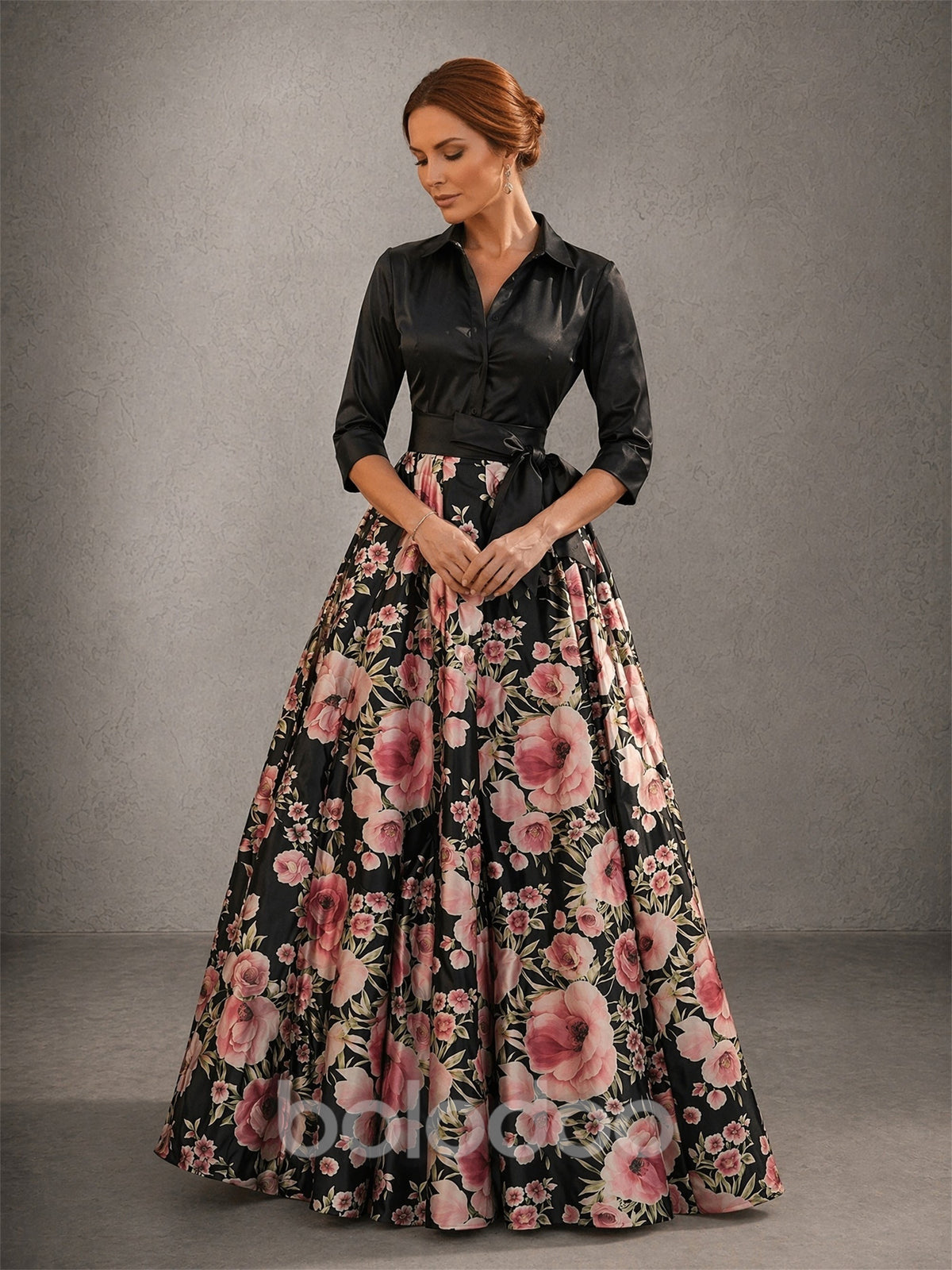 BOLODOO Black Satin Top & Floral Print Ball Gown Skirt Two-Piece Set – Back View Showing Bow Belt & Skirt Fullness | BOLODOO watermark