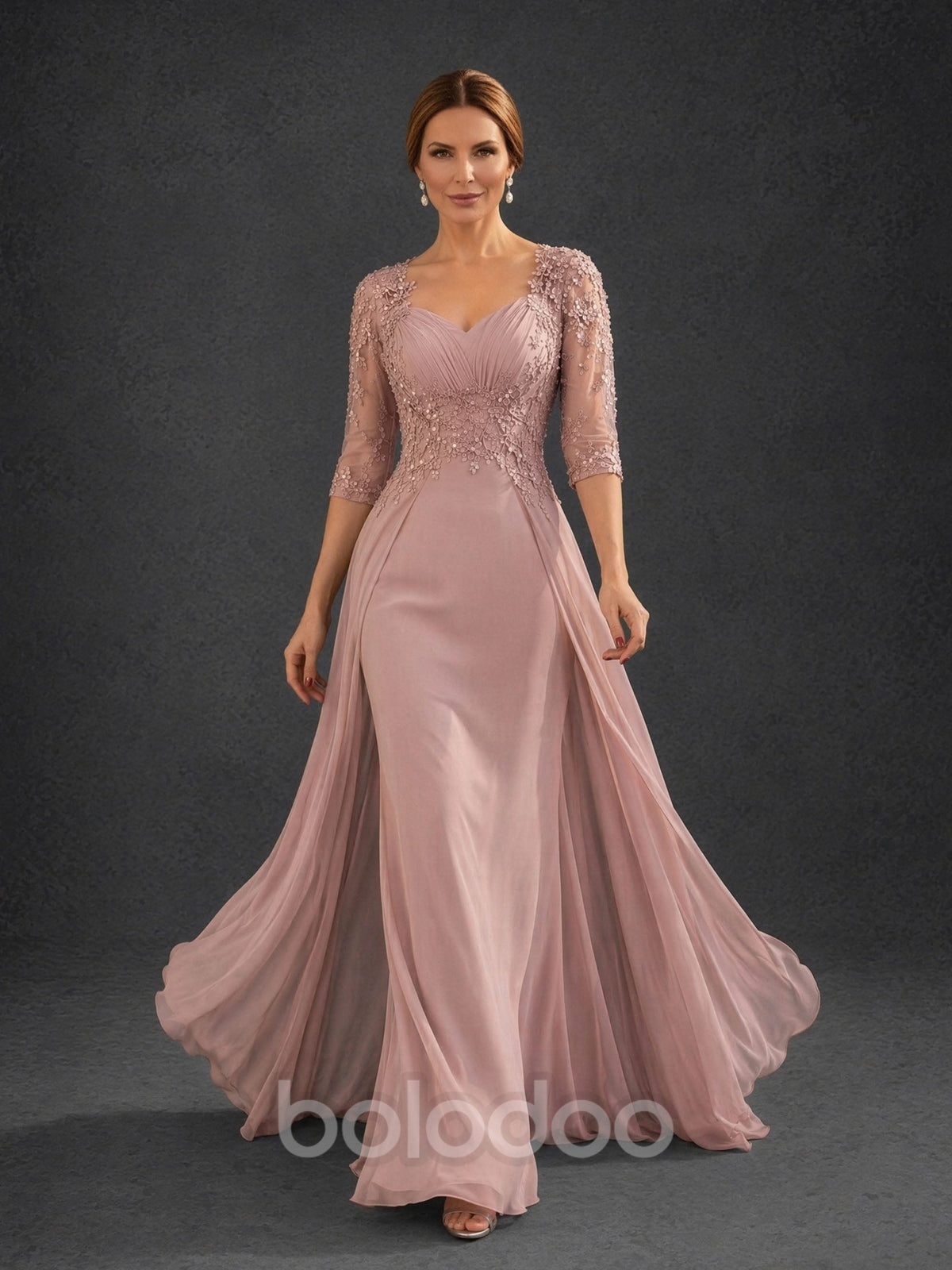 BOLODOO Dusty Pink Sweetheart Neck Floral Lace Illusion Bodice Chiffon A-Line Gown – Front View Showing Lace Bodice & Overlay Movement | BOLODOO watermark