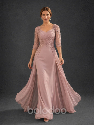 BOLODOO Dusty Pink Sweetheart Neck Floral Lace Illusion Bodice Chiffon A-Line Gown – Front View Showing Lace Bodice & Overlay Movement | BOLODOO watermark