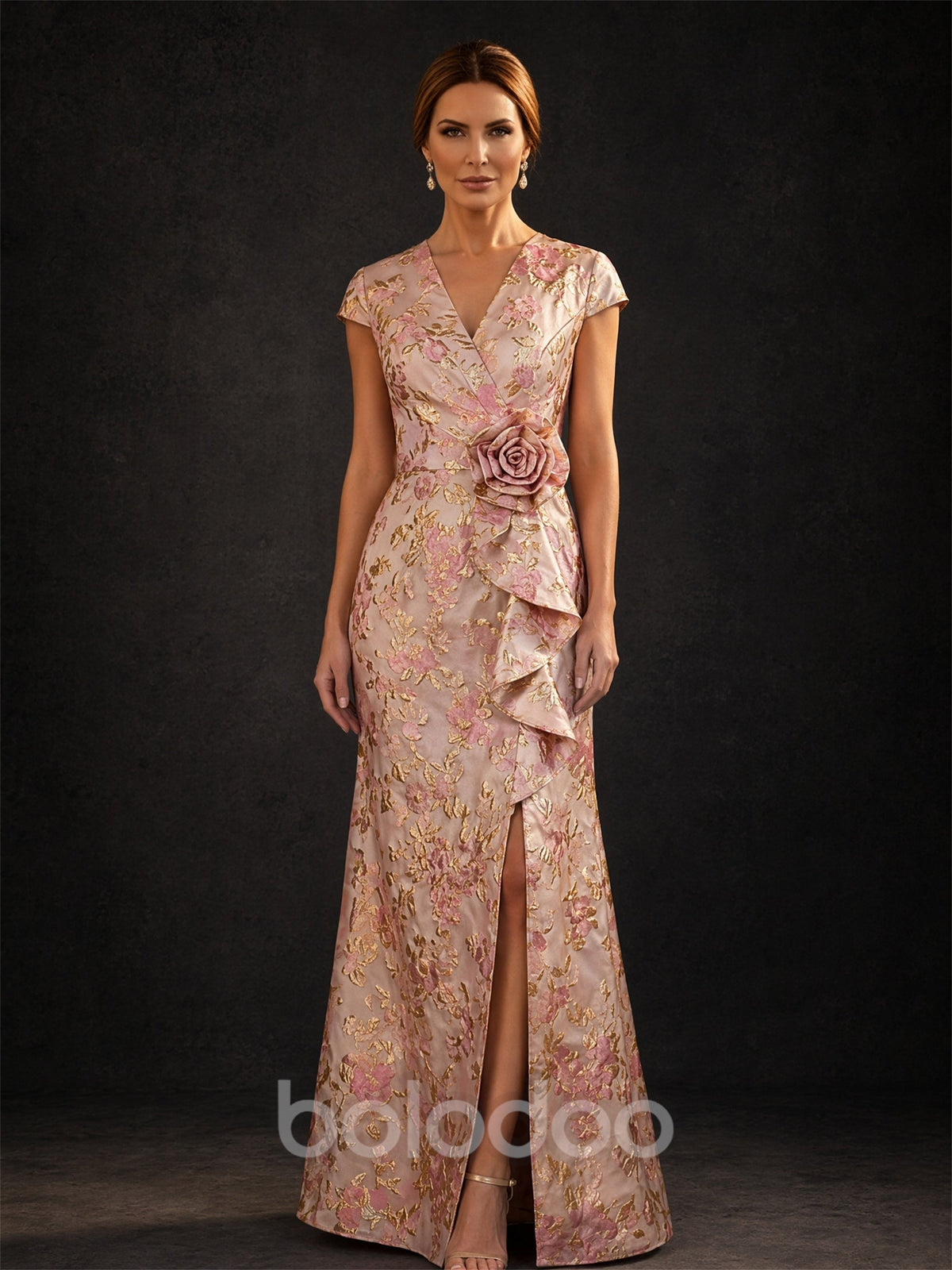 BOLODOO Rose Gold Jacquard V-Neck Cap Sleeve Sheath Gown – Upper Body V-Neck & 3D Rosette Close-Up | BOLODOO watermark