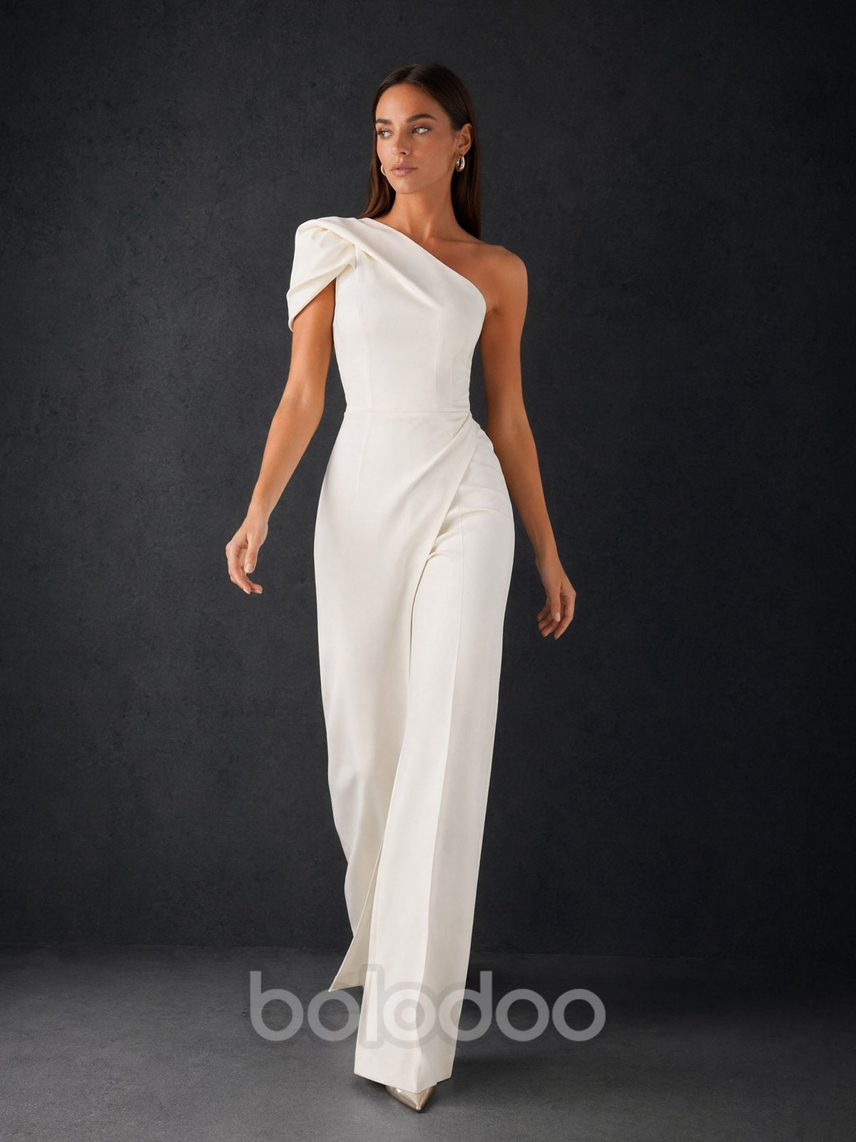 BOLODOO ivory one-shoulder puff sleeve wide-leg jumpsuit - side front view showing slit detail | BOLODOO watermark