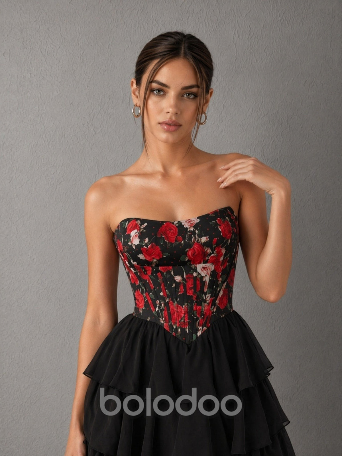 BOLODOO black red floral strapless corset tiered ruffle chiffon mini dress - full front view | BOLODOO watermark