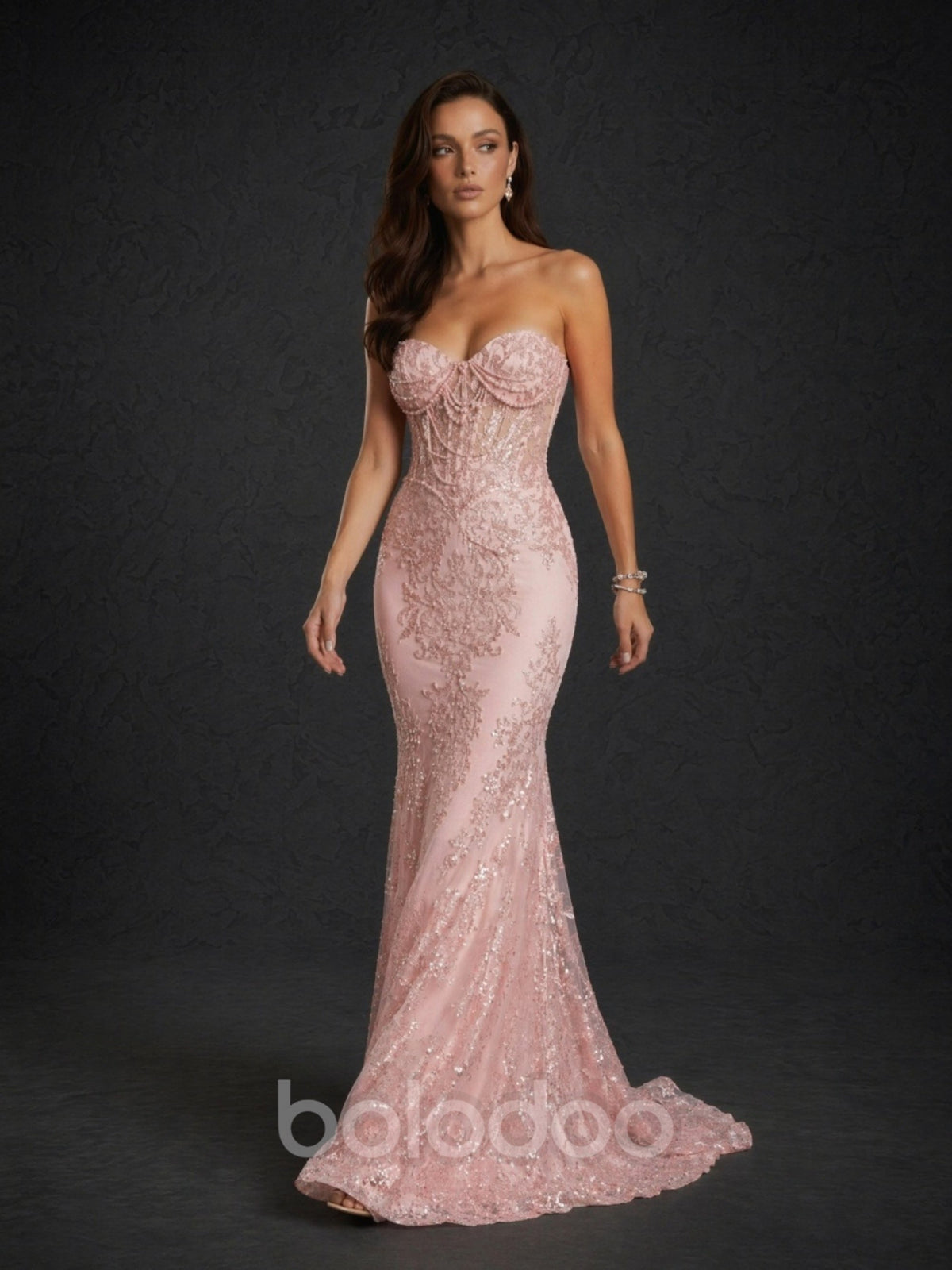 BOLODOO blush pink sequin strapless boned corset mermaid evening gown - full front view showing pearl chain detail | BOLODOO watermark