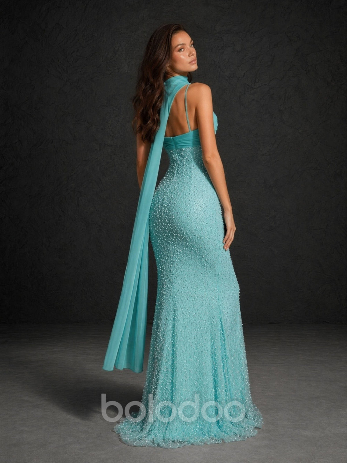 BOLODOO teal beaded sequin spaghetti strap mermaid evening gown with neck scarf - front view smiling | BOLODOO watermark