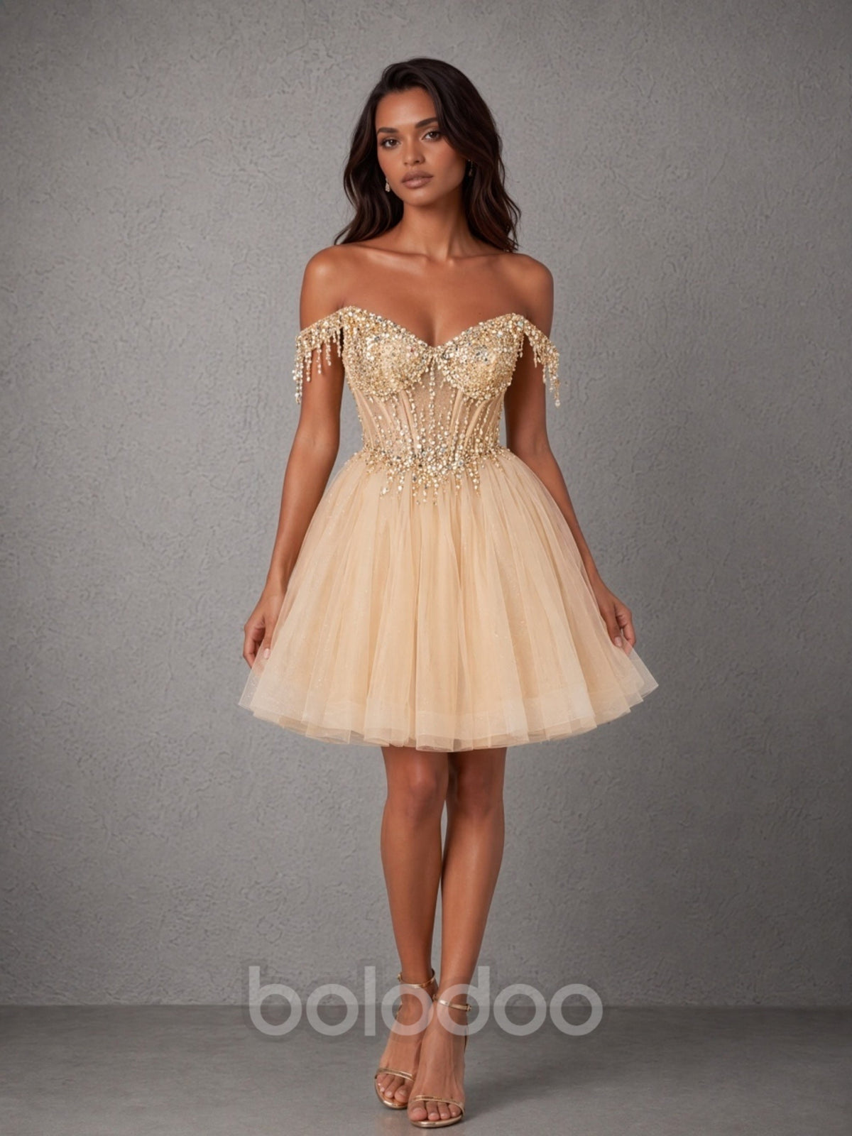 BOLODOO champagne crystal fringe off-shoulder sheer boned corset tulle mini dress - full front view dynamic walking pose | BOLODOO watermark