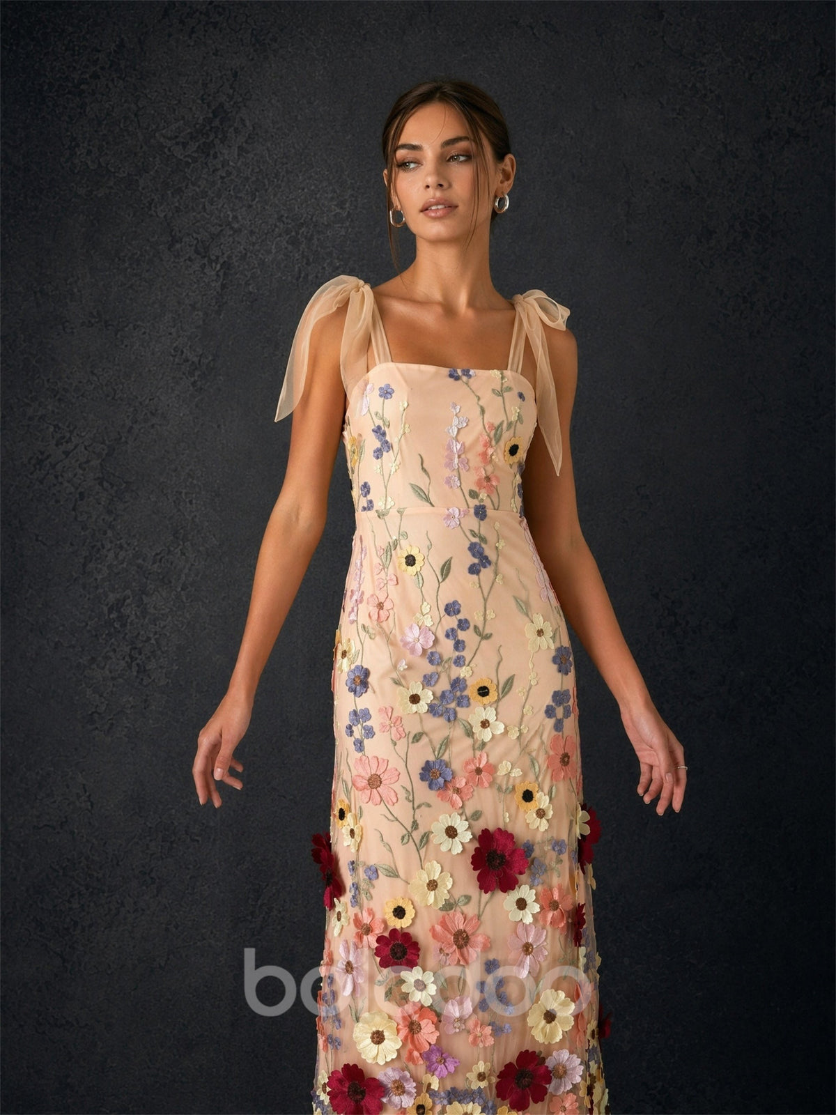 BOLODOO BD0367 champagne 3D floral midi dress - full-length front view with densely blooming hem florals | BOLODOO watermark
