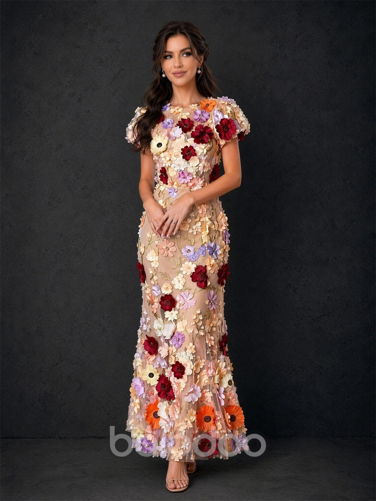 BOLODOO BD0372 champagne 3D floral maxi dress - front full-length view with orange and lavender floral hem detail | BOLODOO watermark