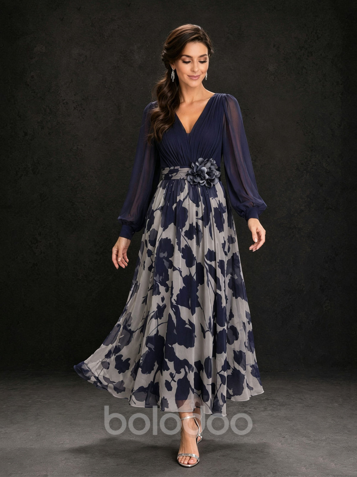 BOLODOO Navy Blue Floral Print Chiffon Midi Dress – V-Neck Lantern Sleeve 3D Flower Sash Ankle Length | BOLODOO watermark