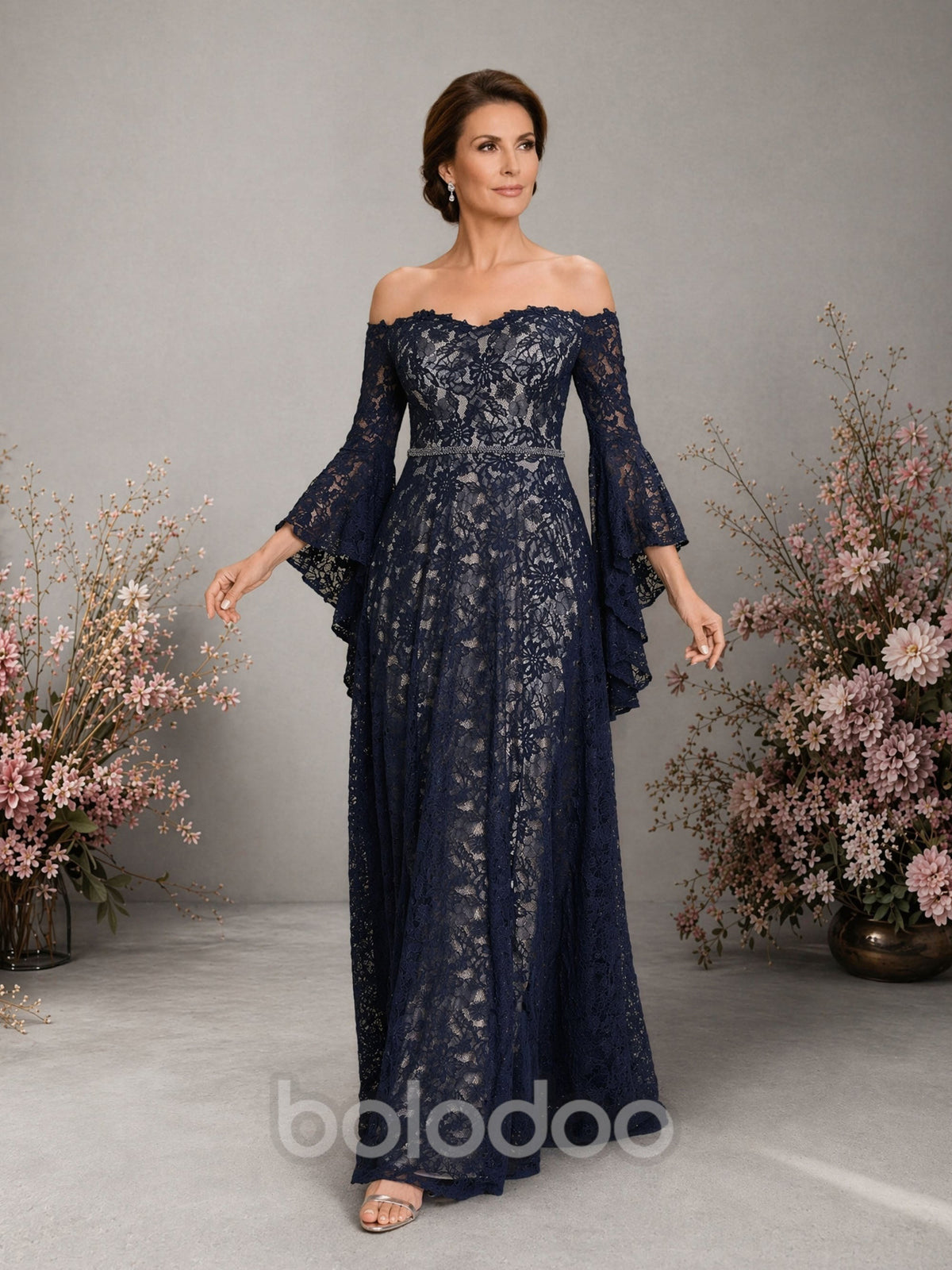 BOLODOO Navy Blue Glitter Lace Off-Shoulder Bell Sleeve Gown – Sweetheart Crystal Belt A-Line Floor Length | BOLODOO watermark