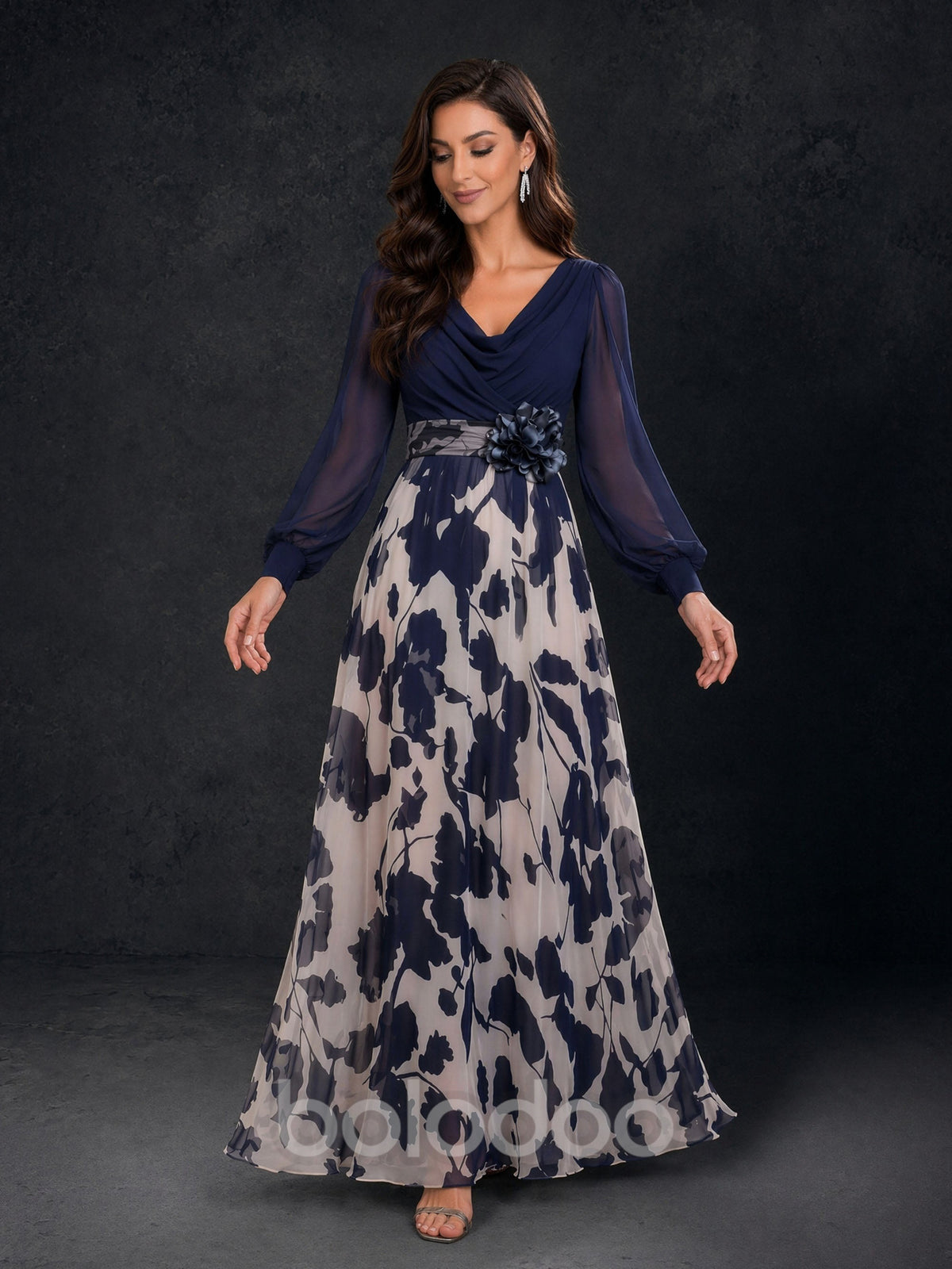 BOLODOO BD0403 navy blue floral print chiffon maxi dress – front view showing draped V-neck, bishop sleeves and 3D flower sash belt | BOLODOO watermark