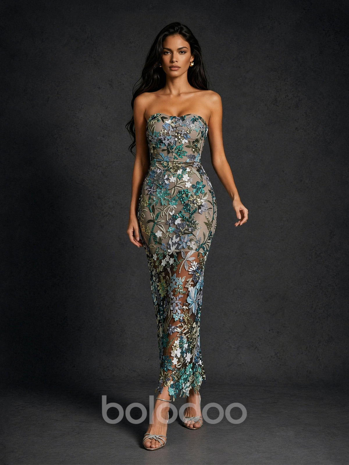 BOLODOO BD0406 green sequin floral mesh strapless gown – second front view highlighting all-over emerald green and multicolor sequin floral detail on sheer mesh | BOLODOO watermark