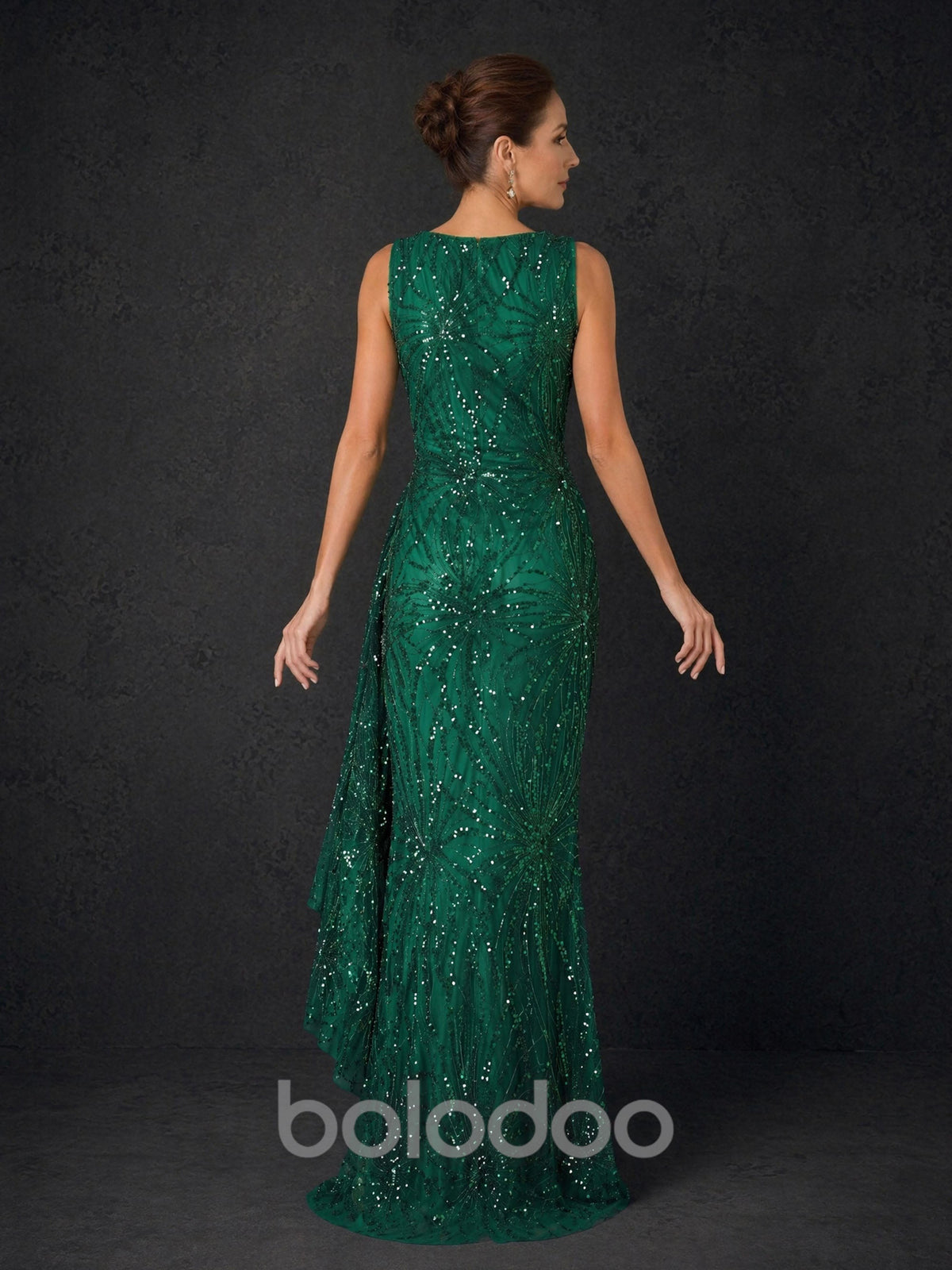 BOLODOO BD0409 emerald green sequin mesh sleeveless gown – close-up of bateau neckline and botanical leaf sequin embroidery detail | BOLODOO watermark