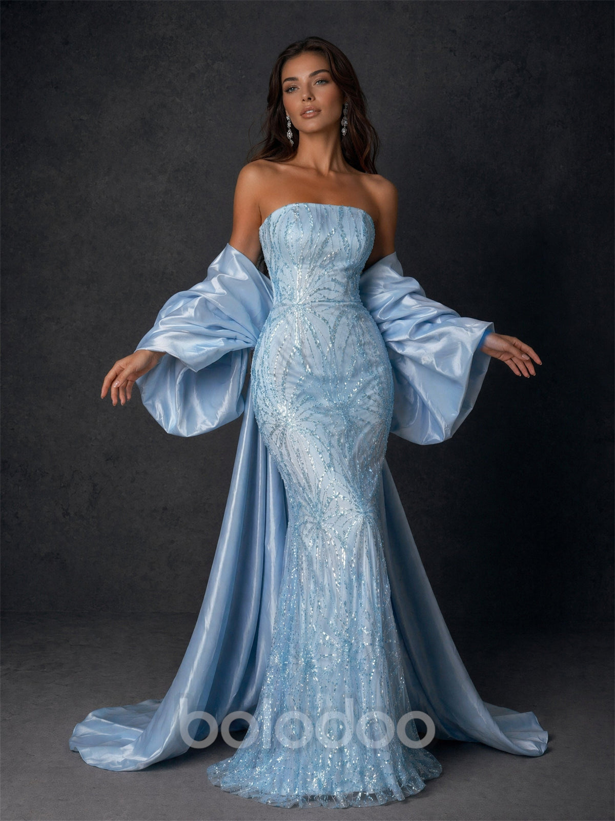 BOLODOO BD0412 light blue sequin strapless mermaid gown – second front view highlighting vine sequin embroidery and voluminous satin puff sleeves | BOLODOO watermark