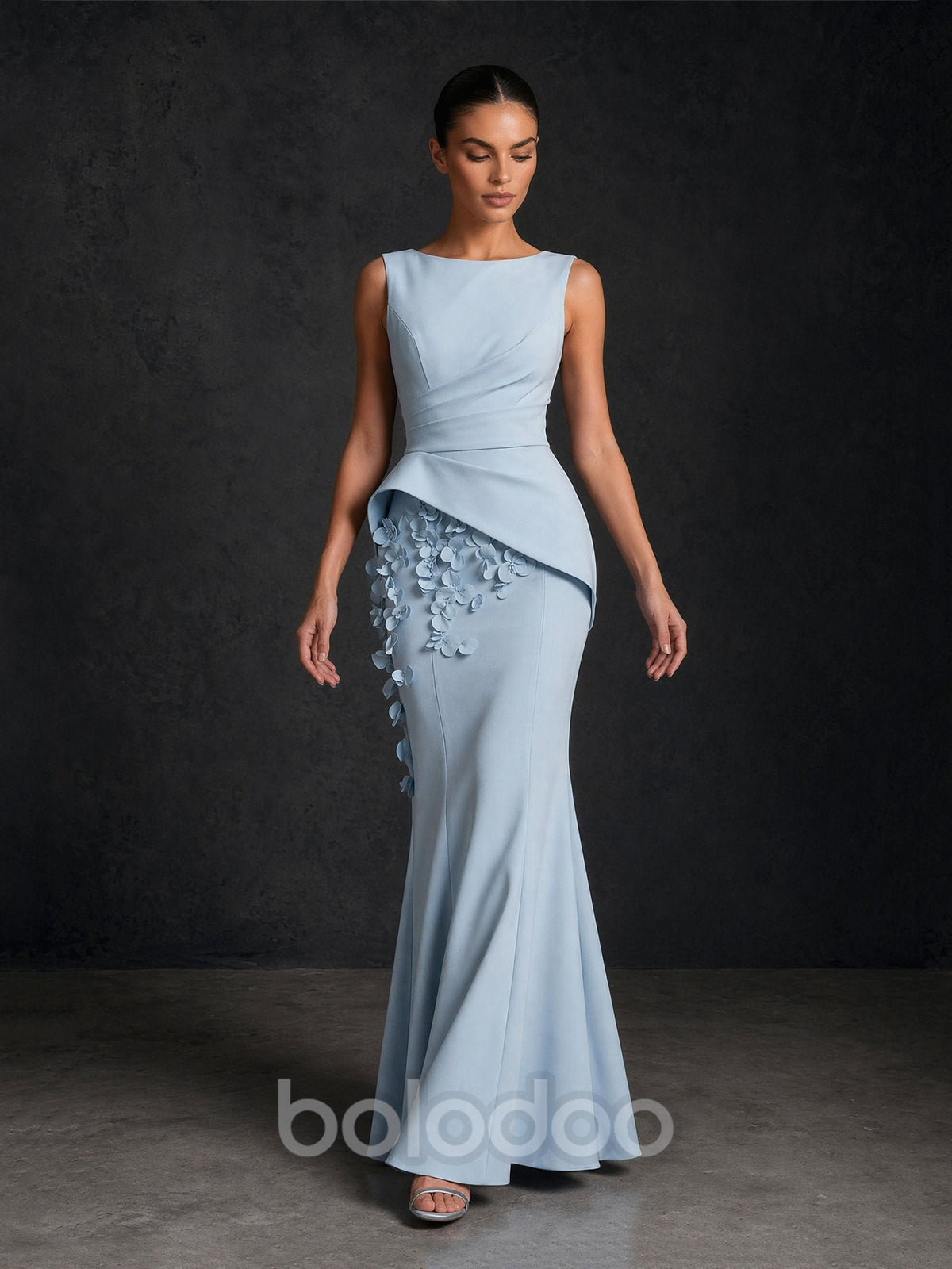 BOLODOO BD0421 ice blue bateau neck asymmetric peplum mermaid gown – second front view highlighting 3D petal appliqué cascade and stretch crepe mermaid silhouette | BOLODOO watermark