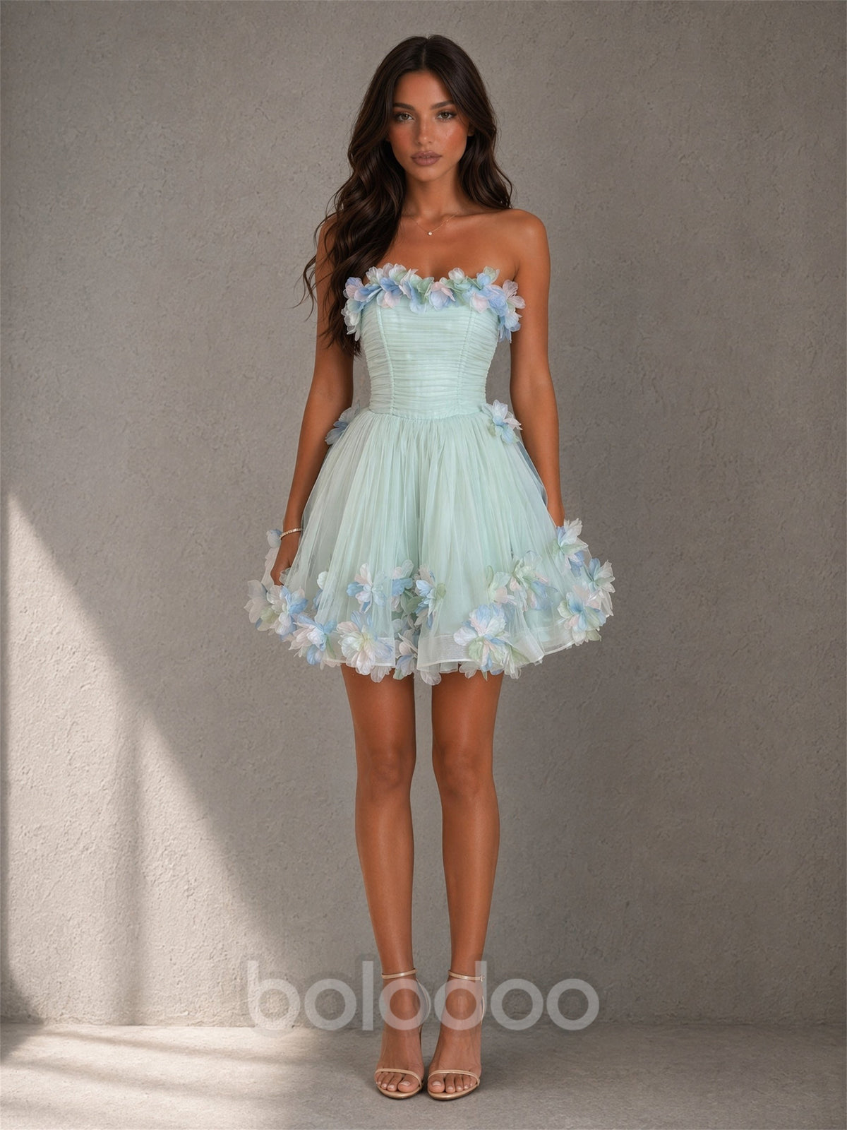 BOLODOO mint green strapless corset tulle puff mini dress full length front standing view showing 3D floral skirt hem | BOLODOO watermark