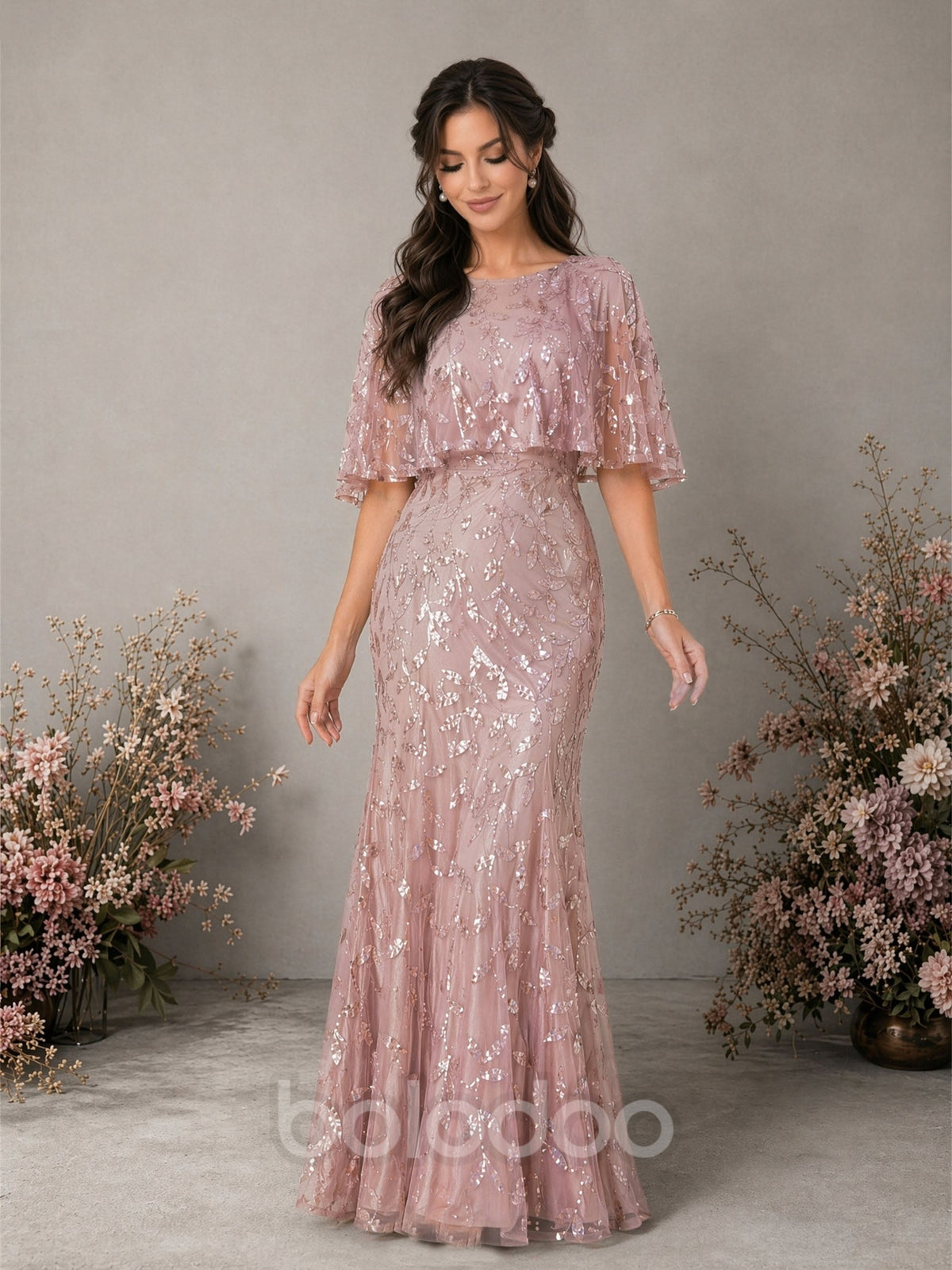 BOLODOO dusty rose floral sequin embroidered tulle mermaid gown with cape sleeve – front full length smiling view | BOLODOO watermark