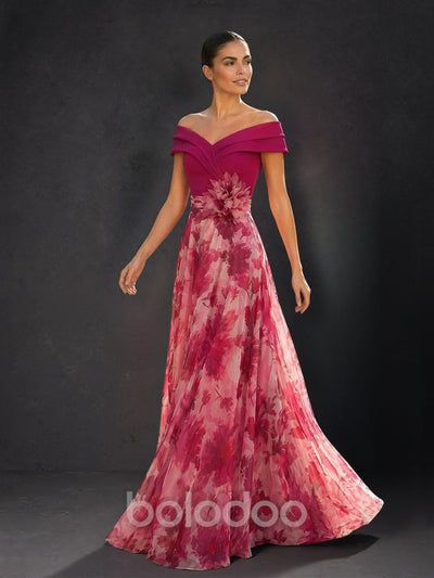 BOLODOO magenta off-shoulder pink floral chiffon floor length evening gown with 3D oversized flower corsage – front full length dynamic walking view | BOLODOO watermark