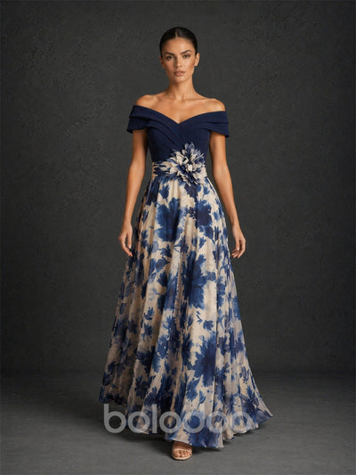 BOLODOO navy blue off-shoulder crossover bodice ivory navy floral chiffon floor length evening gown with 3D flower corsage – front full length side dynamic view | BOLODOO watermark