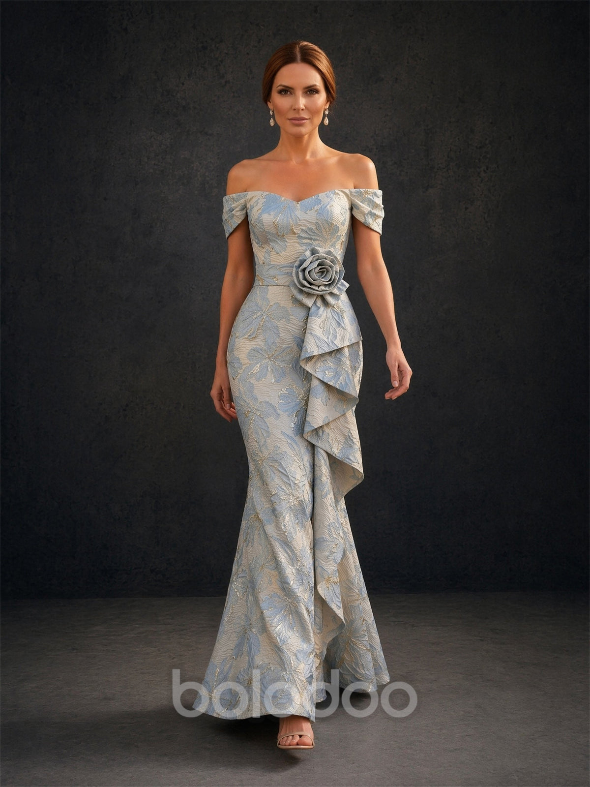 BOLODOO ice blue floral jacquard off-shoulder sweetheart gown close-up front view showing 3D rose corsage cascading ruffle and sweetheart neckline detail | BOLODOO watermark