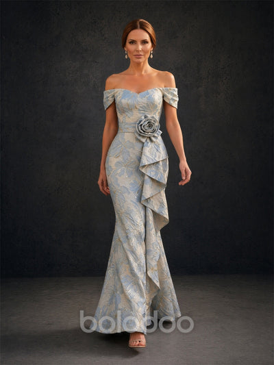 BOLODOO ice blue floral jacquard off-shoulder sweetheart gown close-up front view showing 3D rose corsage cascading ruffle and sweetheart neckline detail | BOLODOO watermark