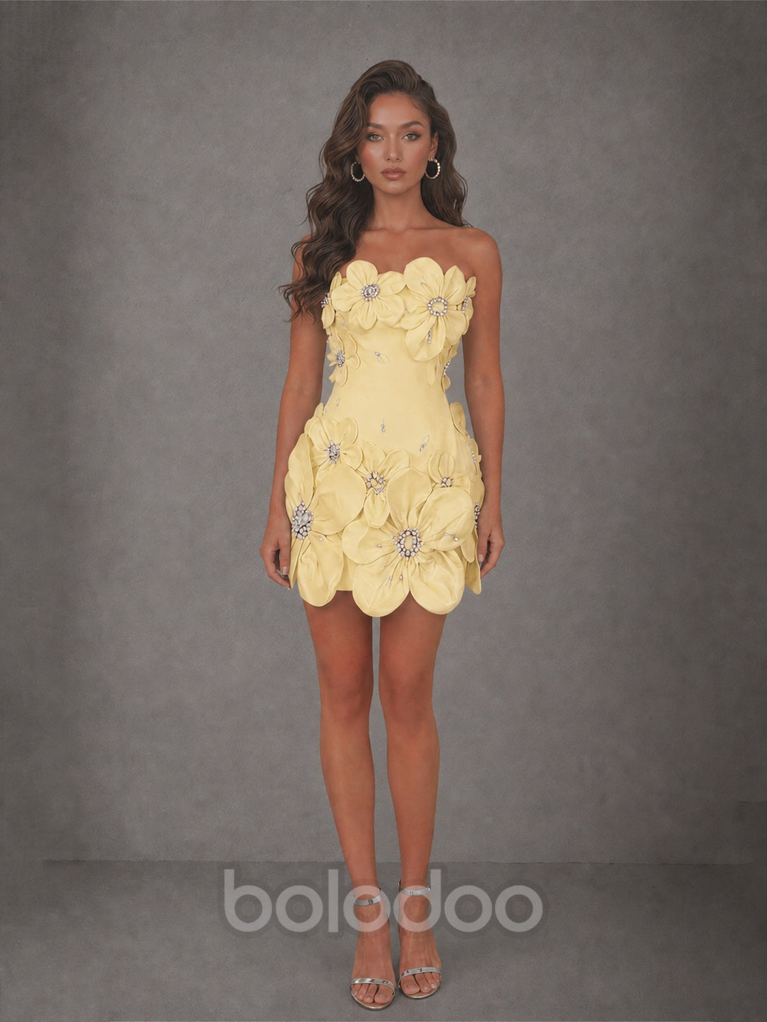 BOLODOO Light Yellow 3D Floral Strapless Mini Dress with Crystal Embellishments - view 3 | BOLODOO watermark